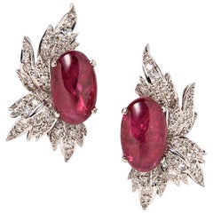 Art Deco 1940s Diamond Pink Red Tourmaline Drop Earrings