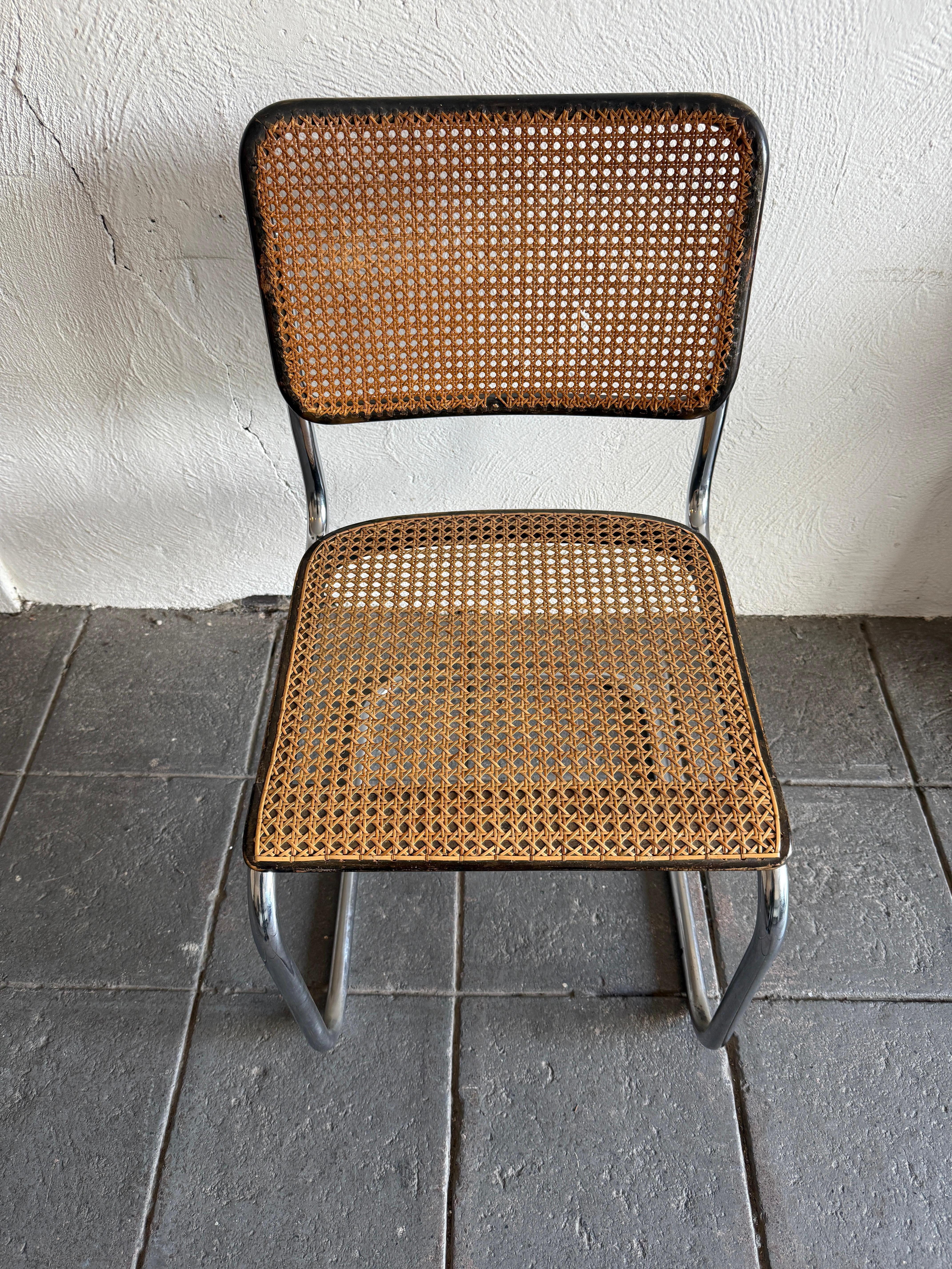 Art Deco 1940s Marcel Breuer B32 Cesca dining chair with hand Cane seat and back. This Very unique chair is an armless B32 cantilever chrome steel tube chair. Classic design iconic chair designed by Marcel Breuer and maker unknown. All original Cane
