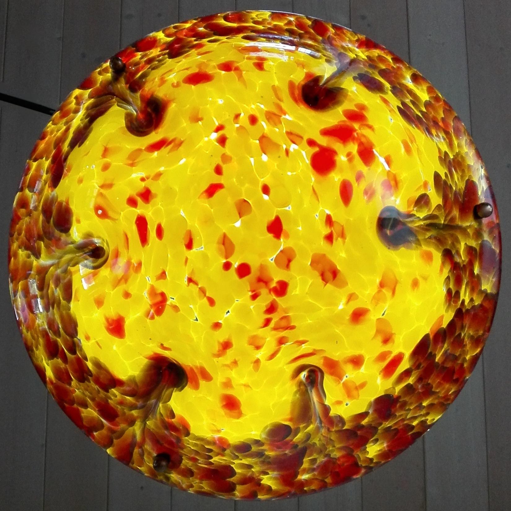 Metal Art Deco 1940s One-Light Artistic Hand-Blown Spotted Glass Pendant Lamp For Sale