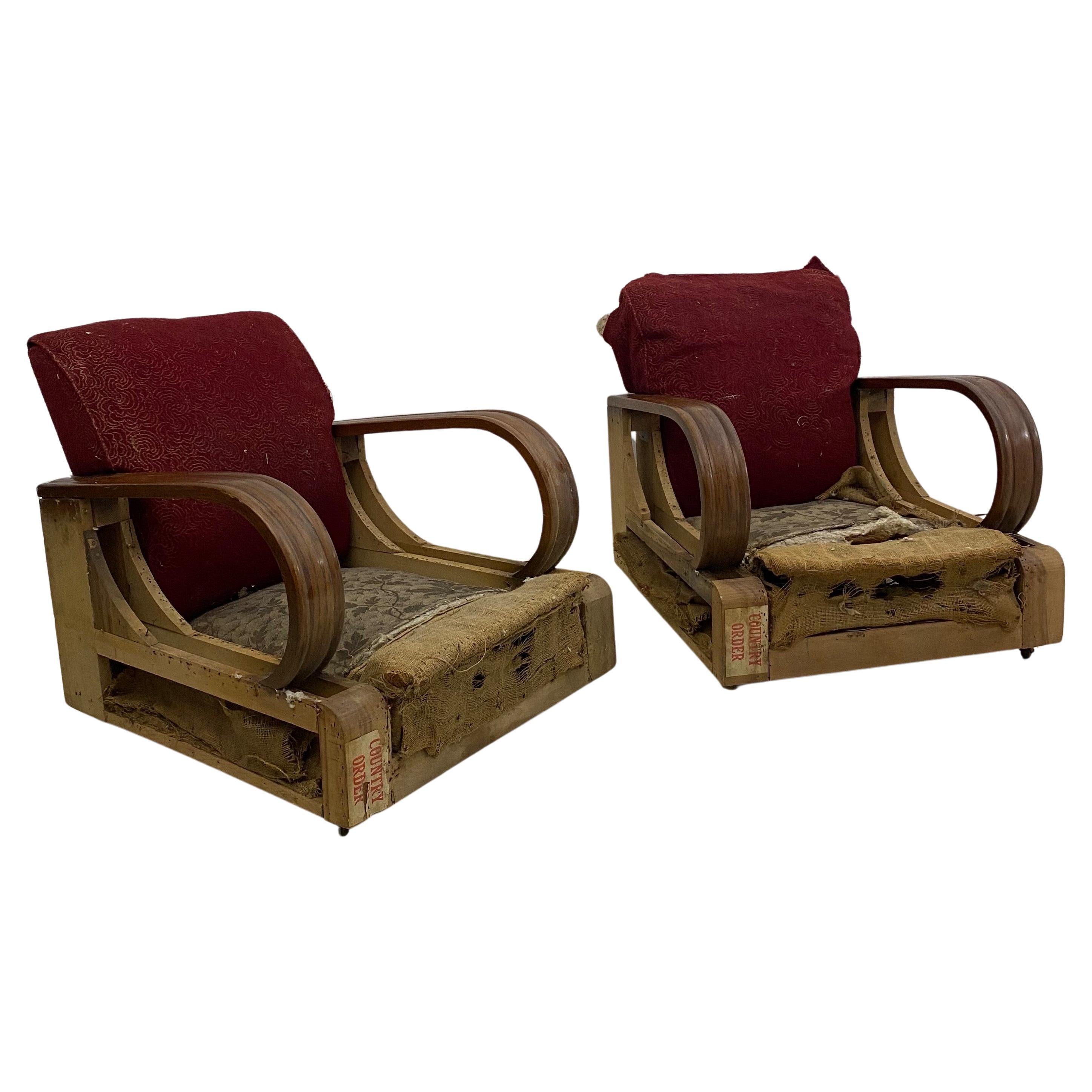 Art Deco 1940s Pair Red Distressed Armchairs Restoration Project As Seen Poirot For Sale
