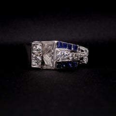 Art Deco 1940s Platinum 1.35tgw Old Cut Diamond & Sapphire Odeonesque Tank Ring
