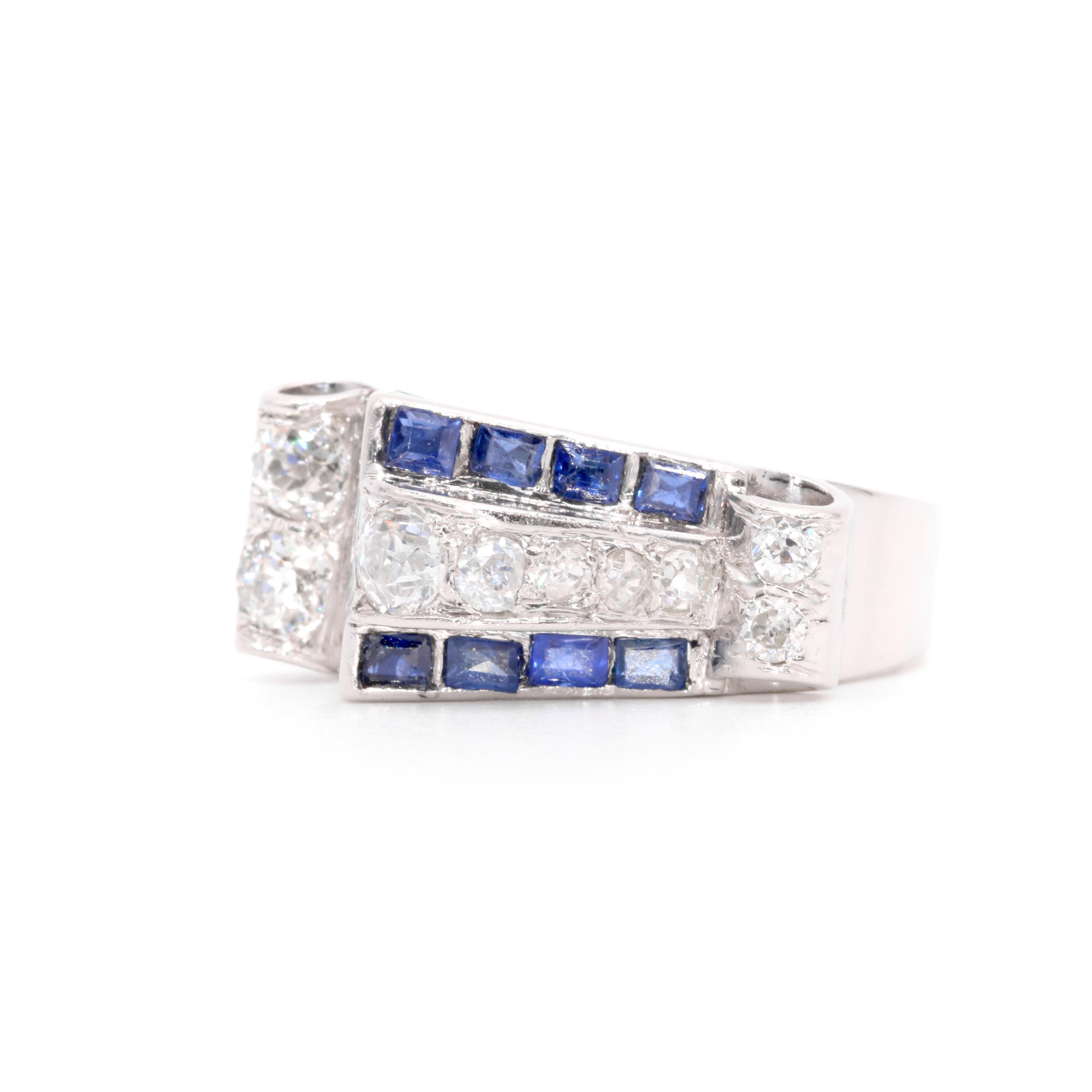 Taille vieille Europe Bague débardeur Art déco des années 1940 en platine, 1,35 gw, diamant taille ancienne et saphir en vente