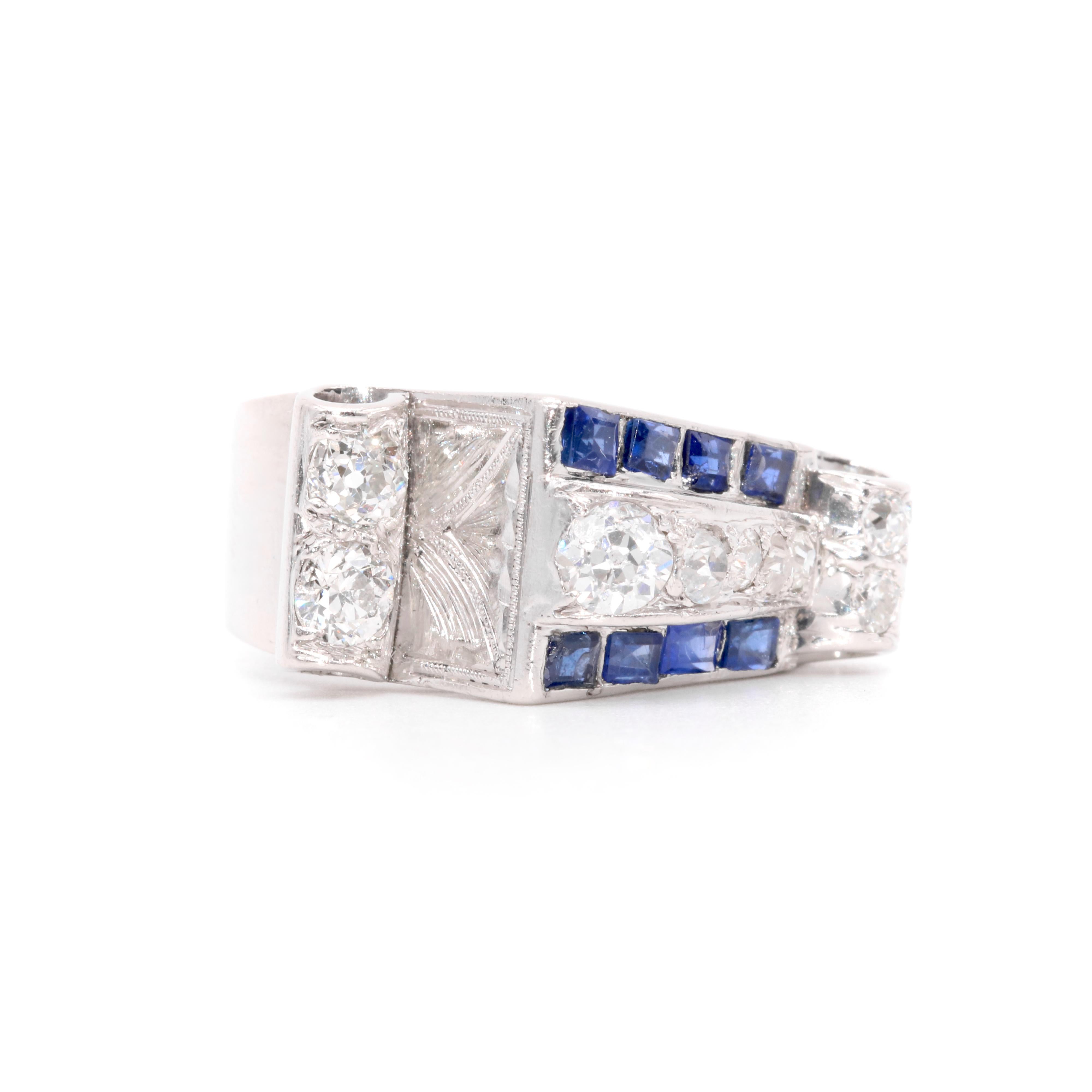 Bague débardeur Art déco des années 1940 en platine, 1,35 gw, diamant taille ancienne et saphir Unisexe en vente