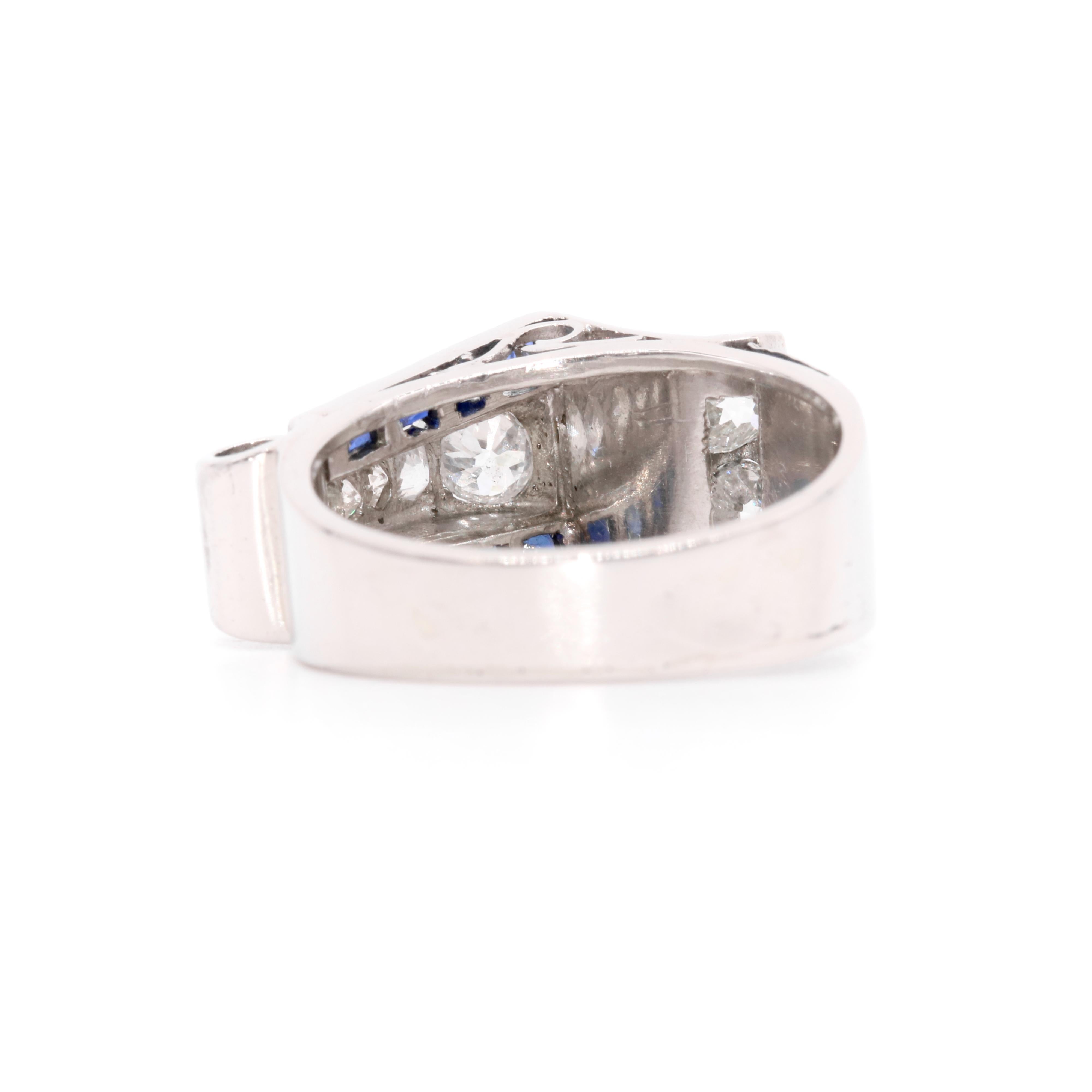 Bague débardeur Art déco des années 1940 en platine, 1,35 gw, diamant taille ancienne et saphir en vente 3
