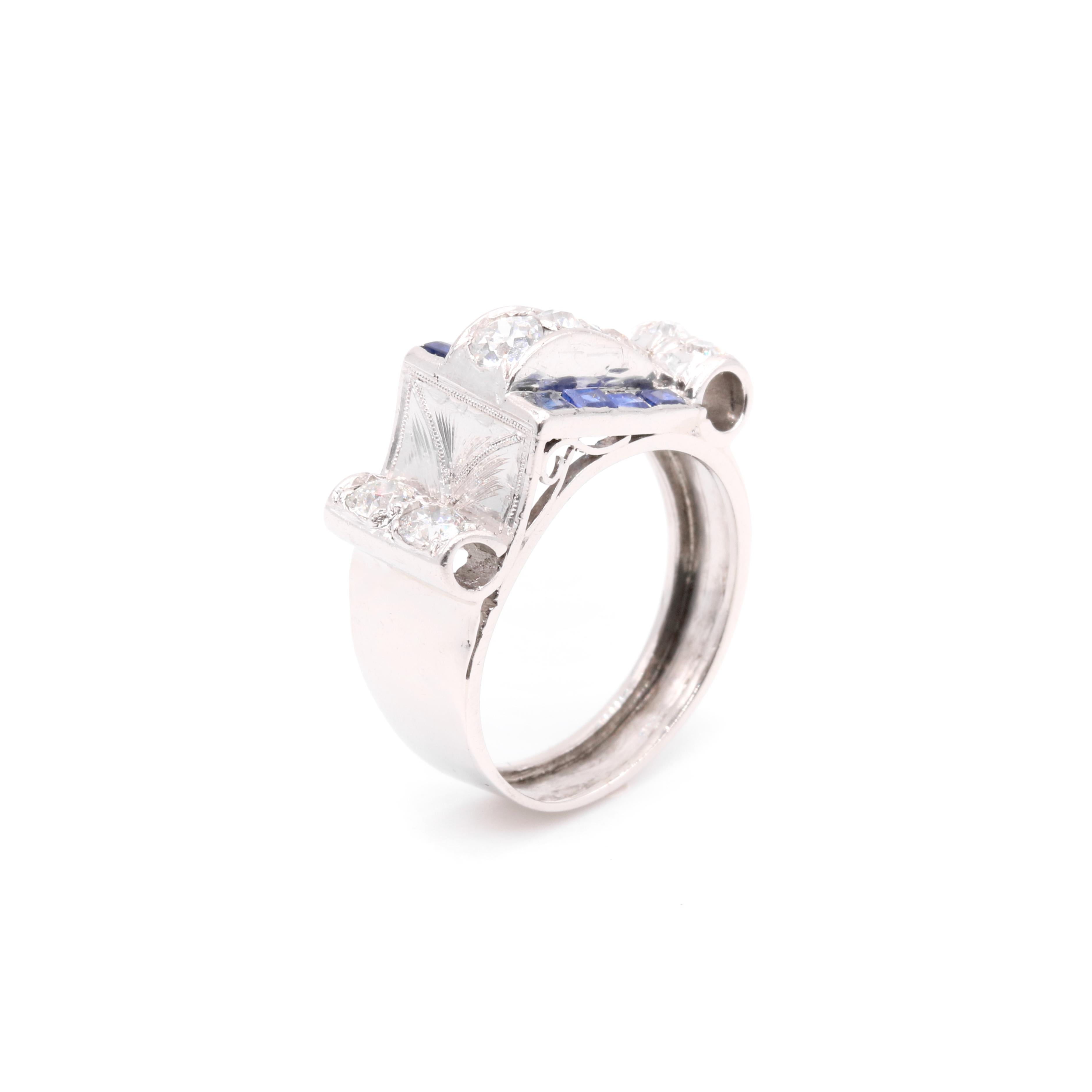 Bague débardeur Art déco des années 1940 en platine, 1,35 gw, diamant taille ancienne et saphir en vente 4