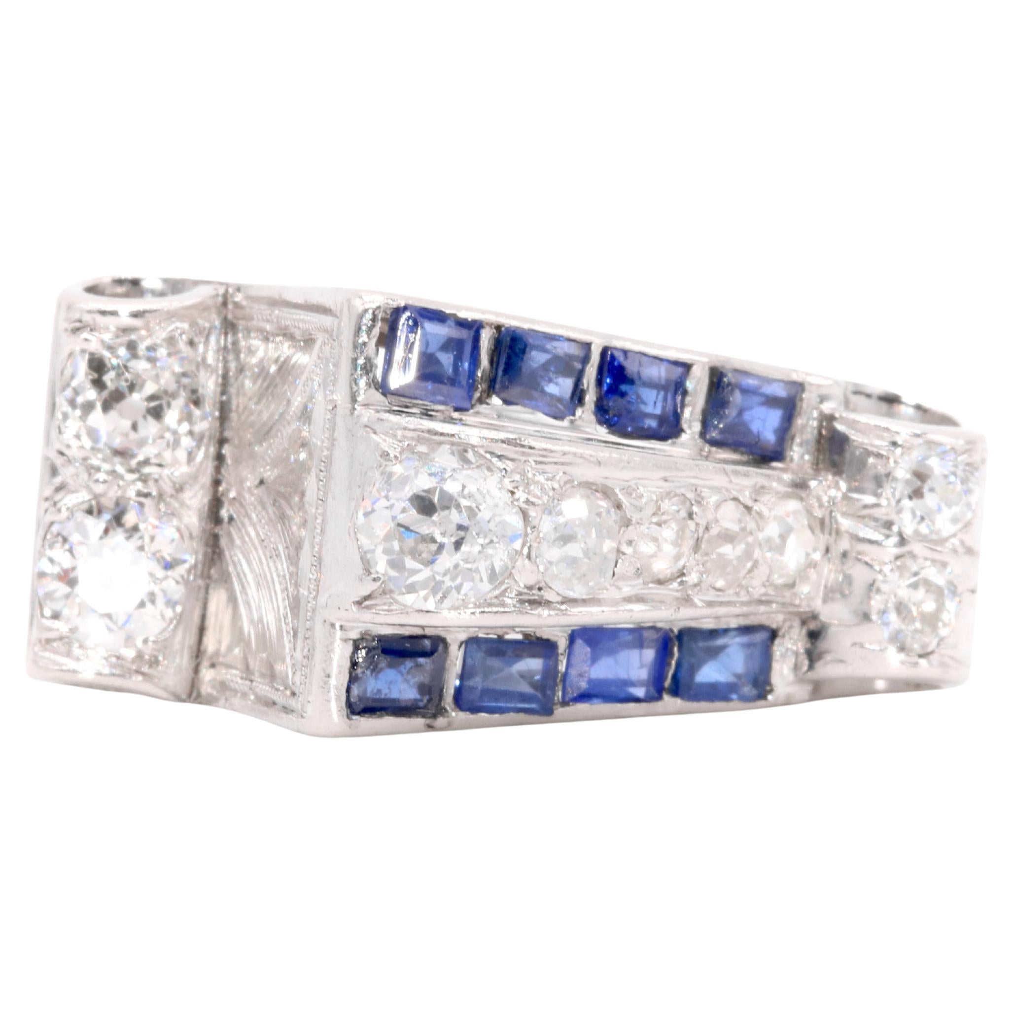 Art Deco 1940s Platinum 1.35tgw Old Cut Diamond & Sapphire Odeonesque Tank Ring