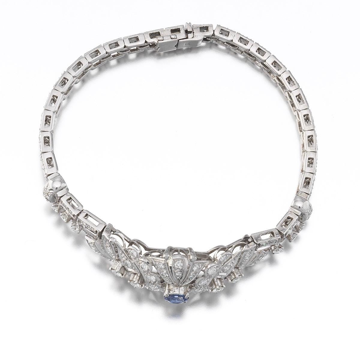 Round Cut Art Deco 1940s Platinum 4.52 Carat Natural Blue Sapphire VS Diamond Bracelet For Sale