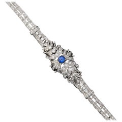 Art Deco 1940s Platinum 4.52 Carat Natural Blue Sapphire VS Diamond Bracelet