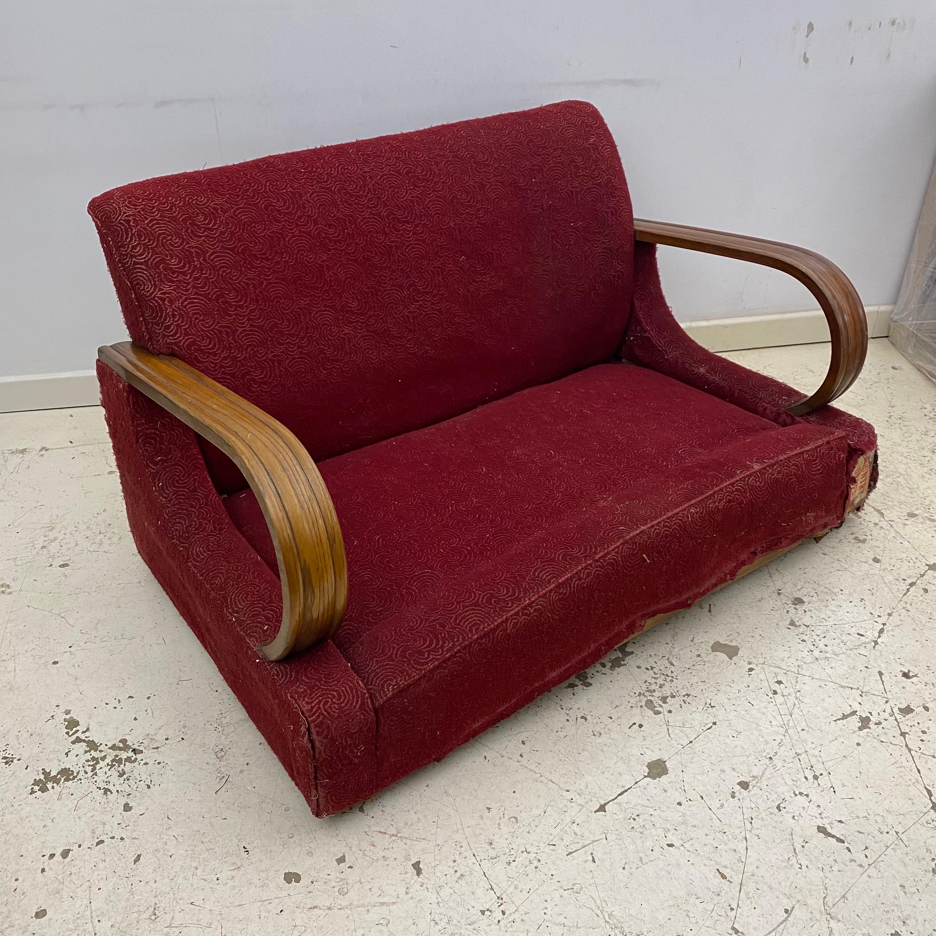 Art Deco 1940s Red Two Seater Distressed Sofa Restoration Project As Seen Poirot In Distressed Condition For Sale In London, GB