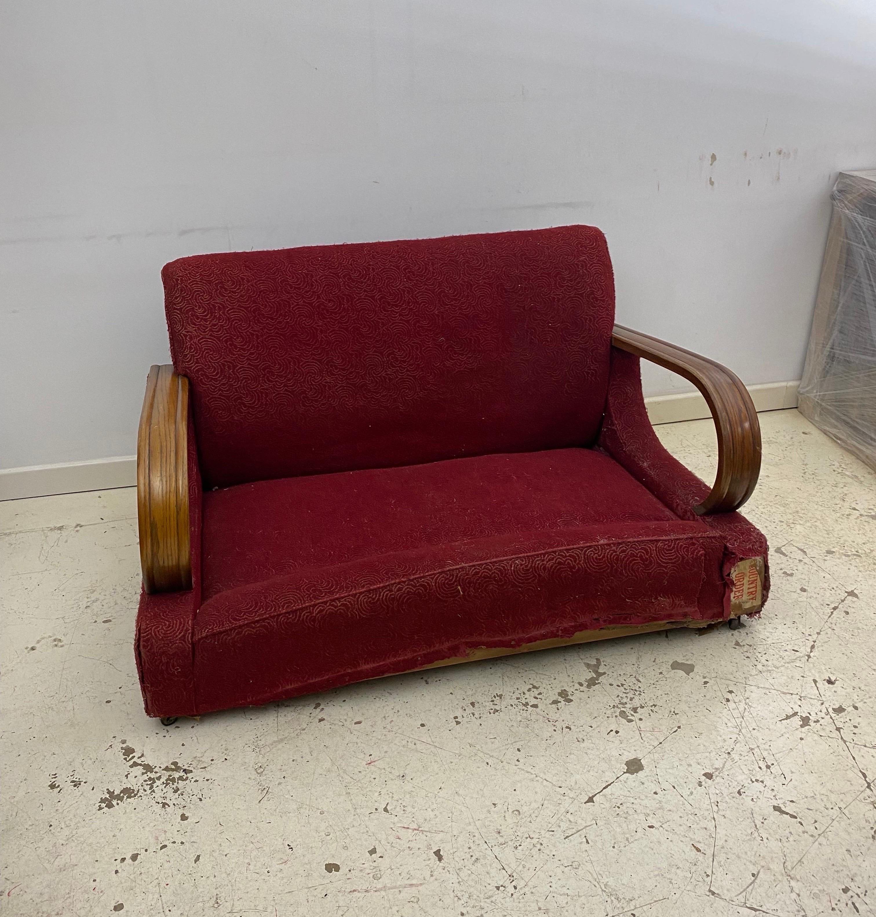 Mid-20th Century Art Deco 1940s Red Two Seater Distressed Sofa Restoration Project As Seen Poirot For Sale