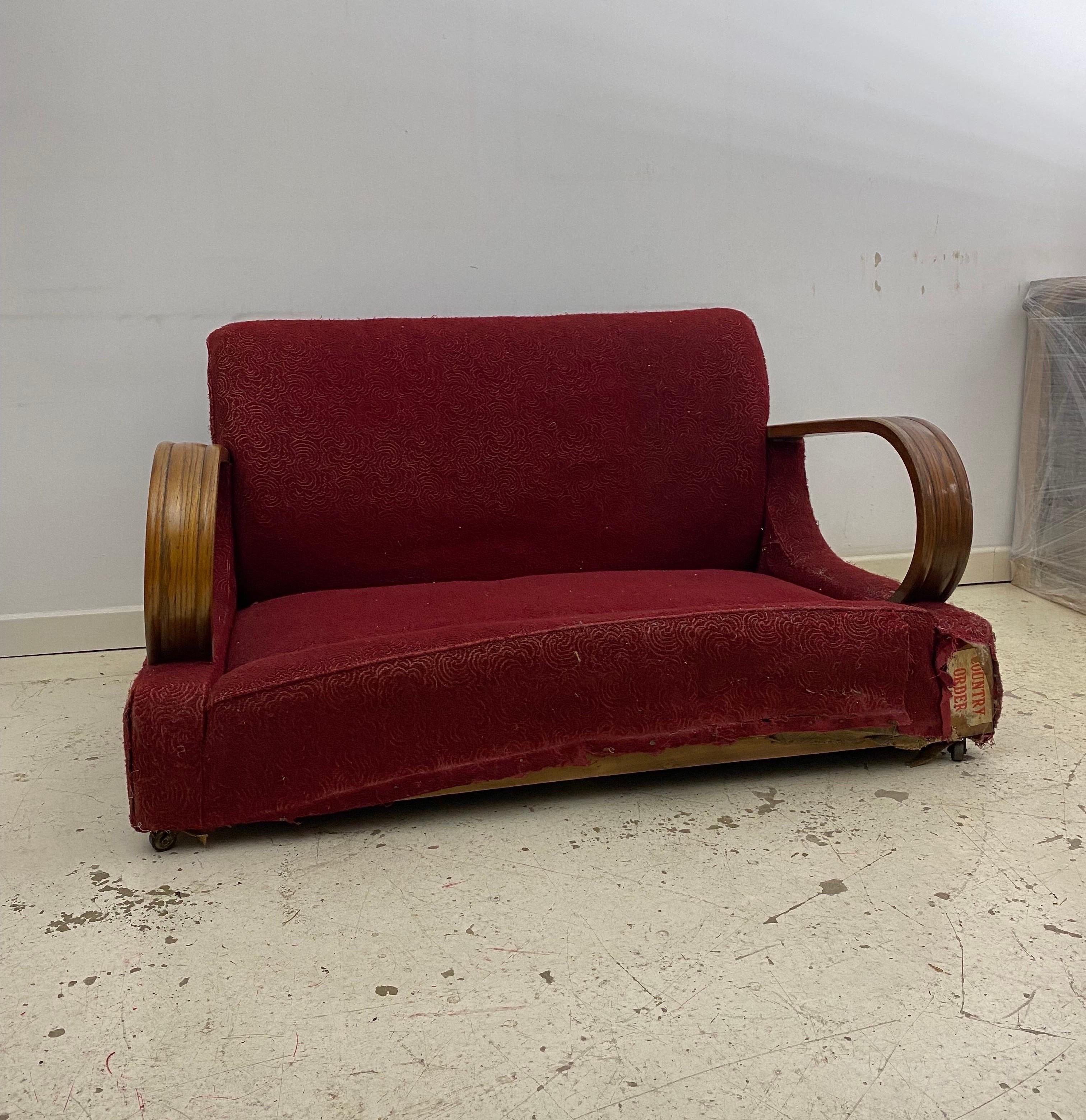 Fabric Art Deco 1940s Red Two Seater Distressed Sofa Restoration Project As Seen Poirot For Sale