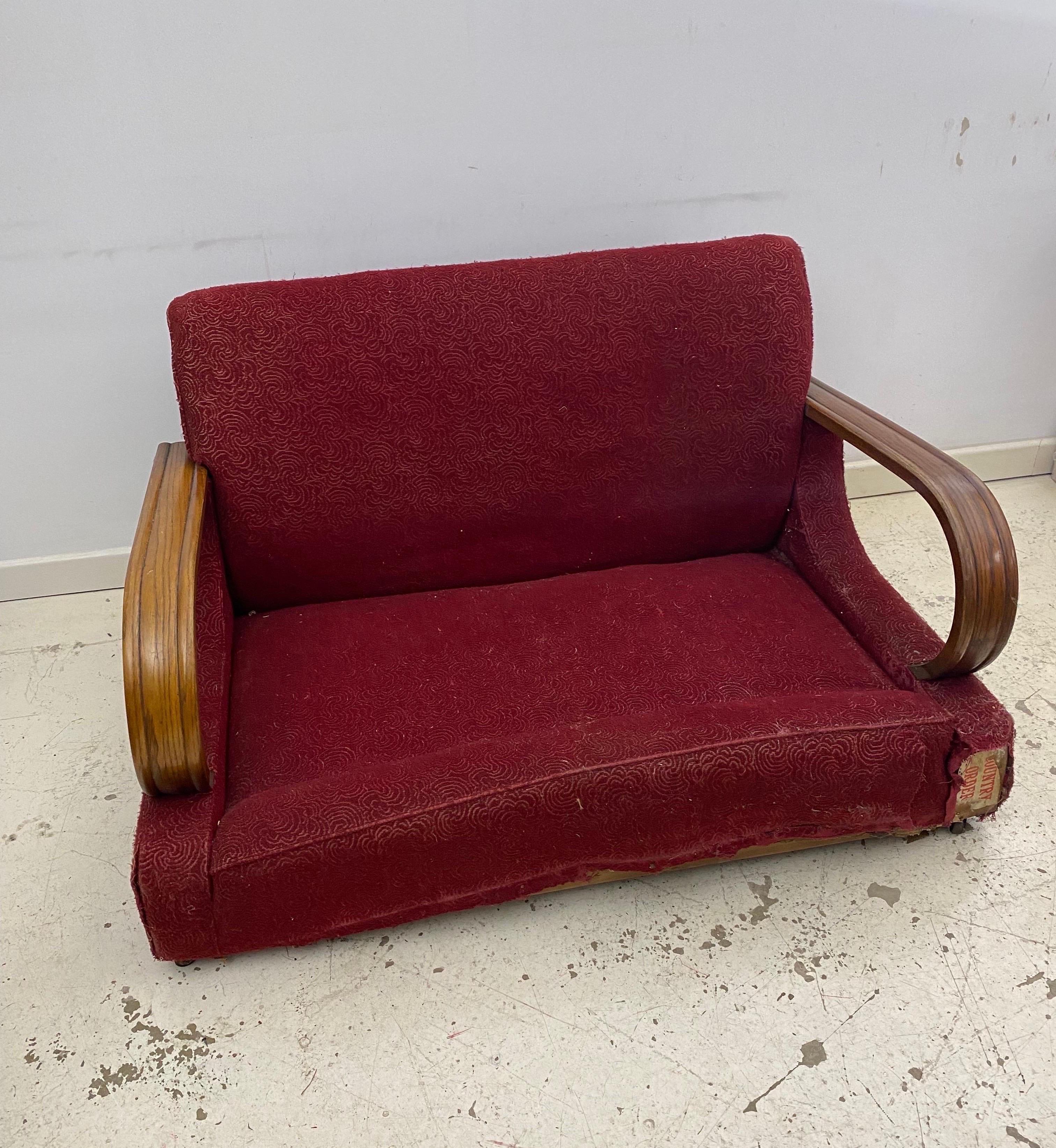 Tissu Art Deco 1940s Red Two Seater Distressed Sofa Restoration Project As Seen Poirot en vente