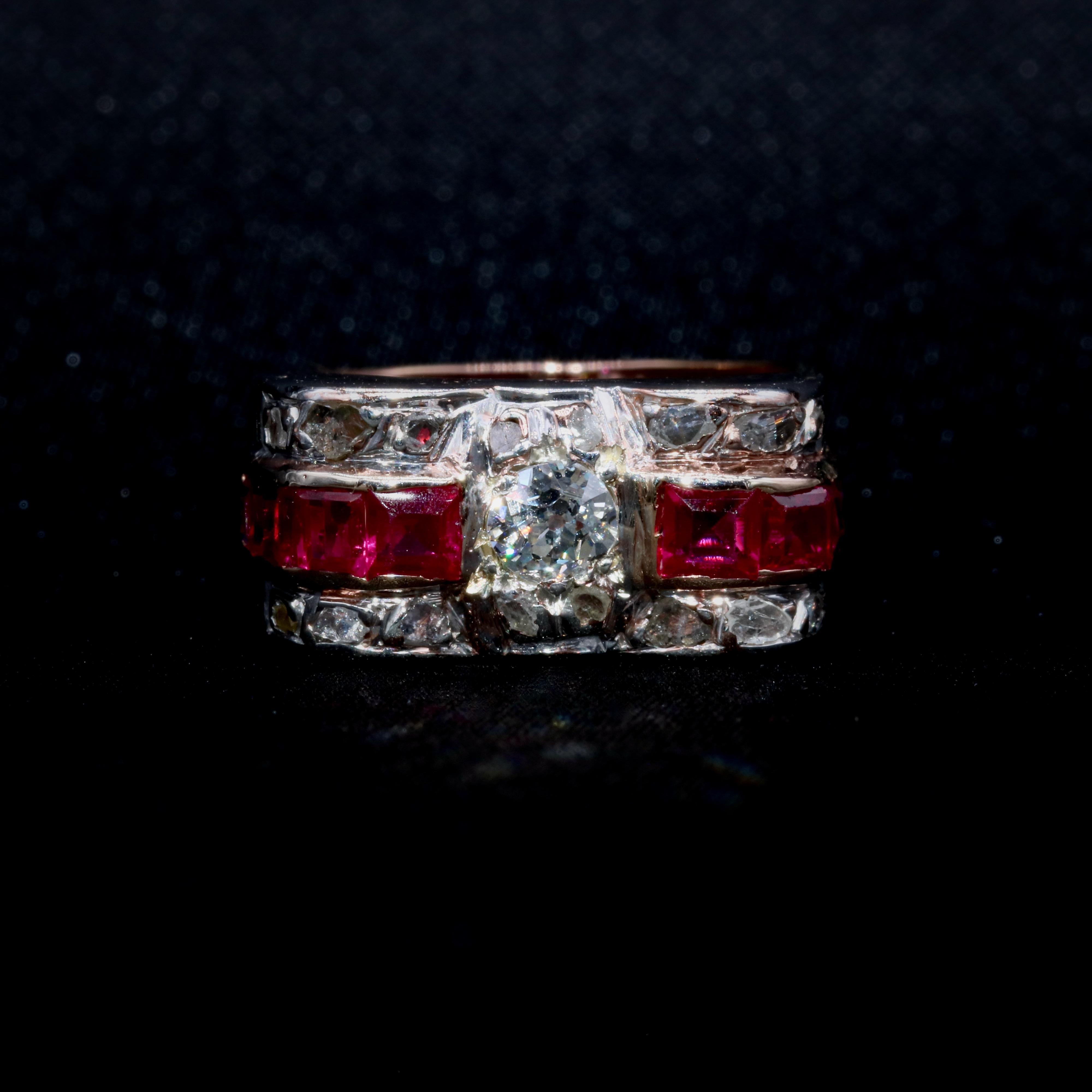 Old European Cut Art Deco 1940s Retro Platinum & 14K Rose Gold 1.2tgw Ruby and Diamond Tank Ring For Sale