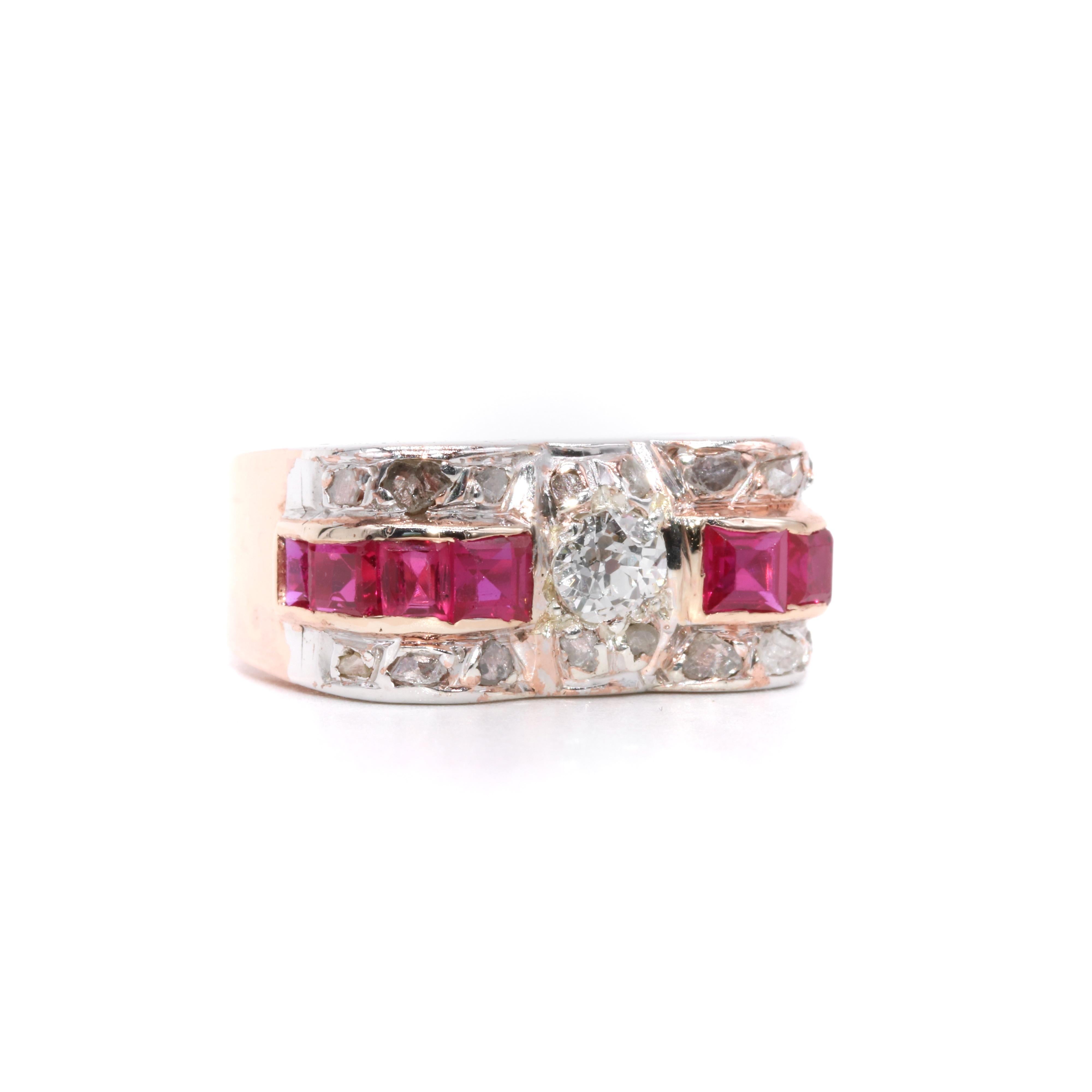 Art Deco 1940s Retro Platinum & 14K Rose Gold 1.2tgw Ruby and Diamond Tank Ring In Good Condition For Sale In Staines-Upon-Thames, GB