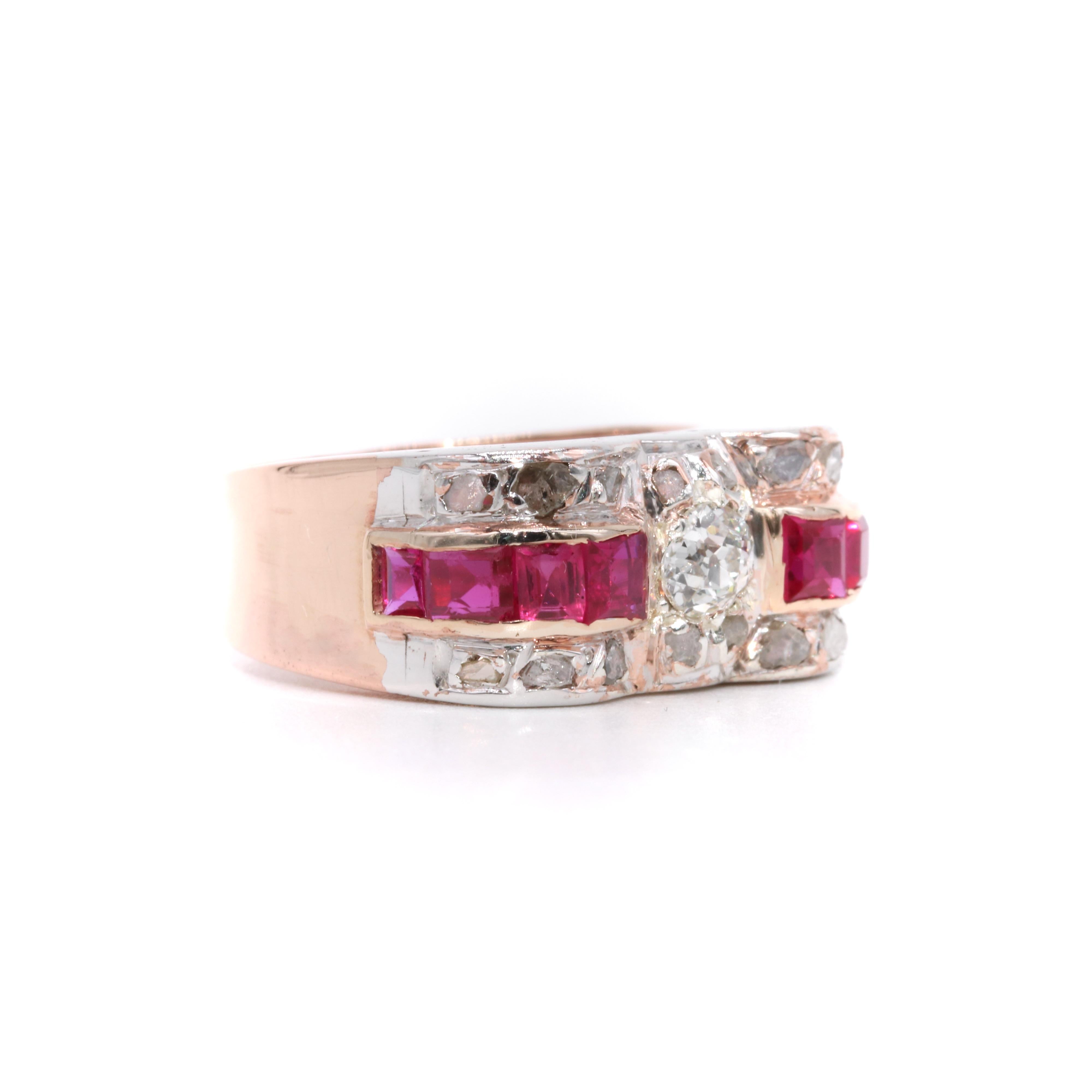 Women's or Men's Art Deco 1940s Retro Platinum & 14K Rose Gold 1.2tgw Ruby and Diamond Tank Ring For Sale
