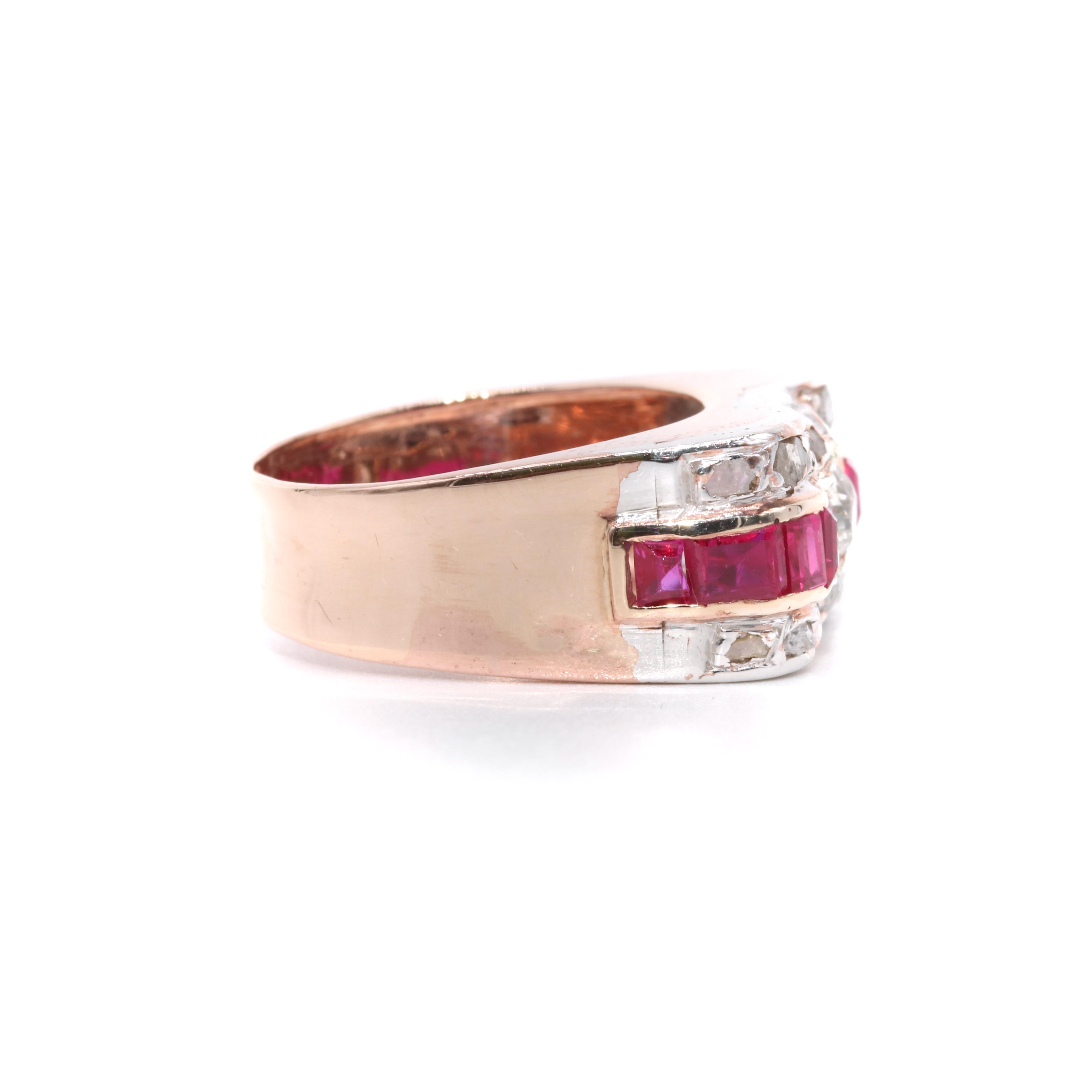Art Deco 1940s Retro Platinum & 14K Rose Gold 1.2tgw Ruby and Diamond Tank Ring For Sale 1