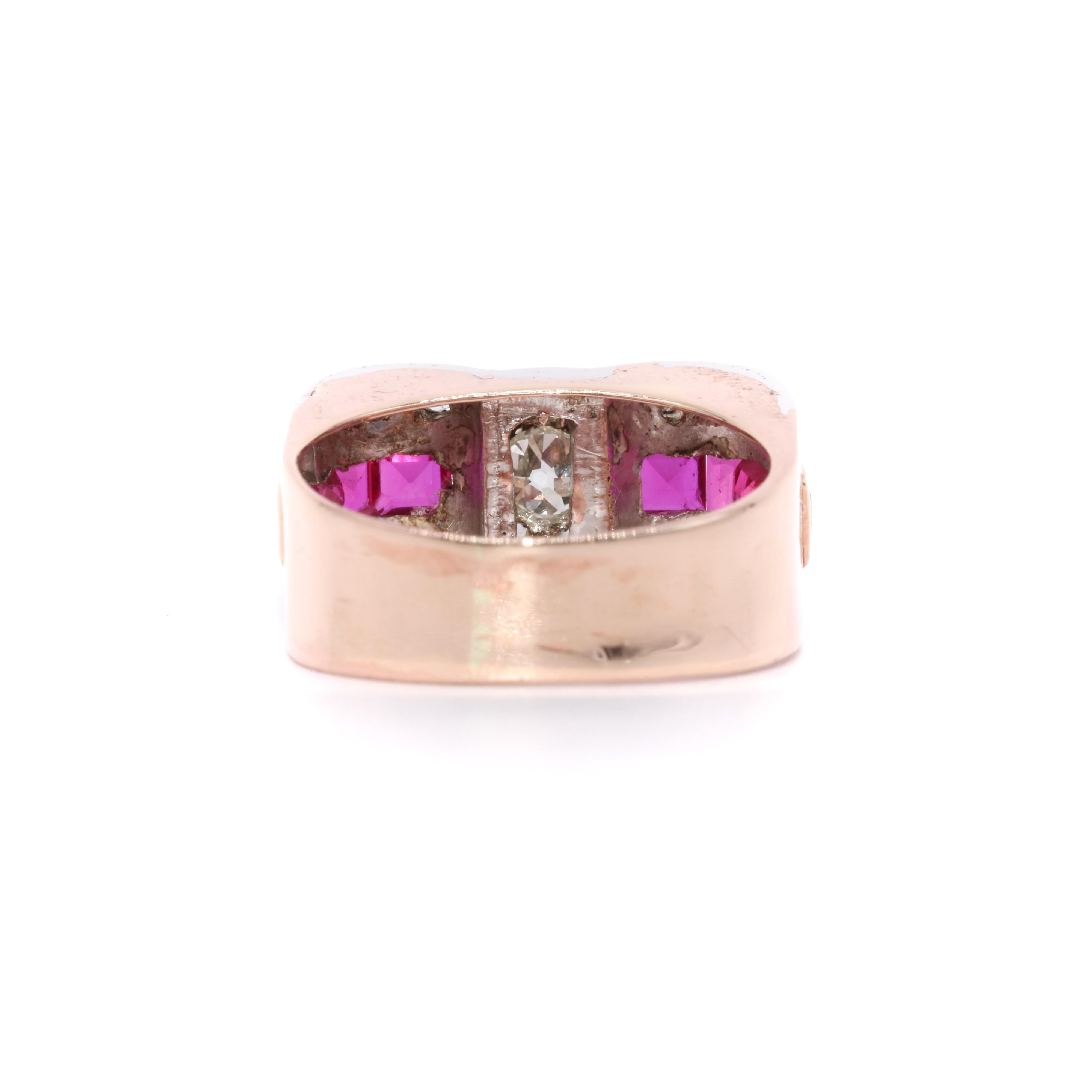Art Deco 1940s Retro Platinum & 14K Rose Gold 1.2tgw Ruby and Diamond Tank Ring For Sale 2