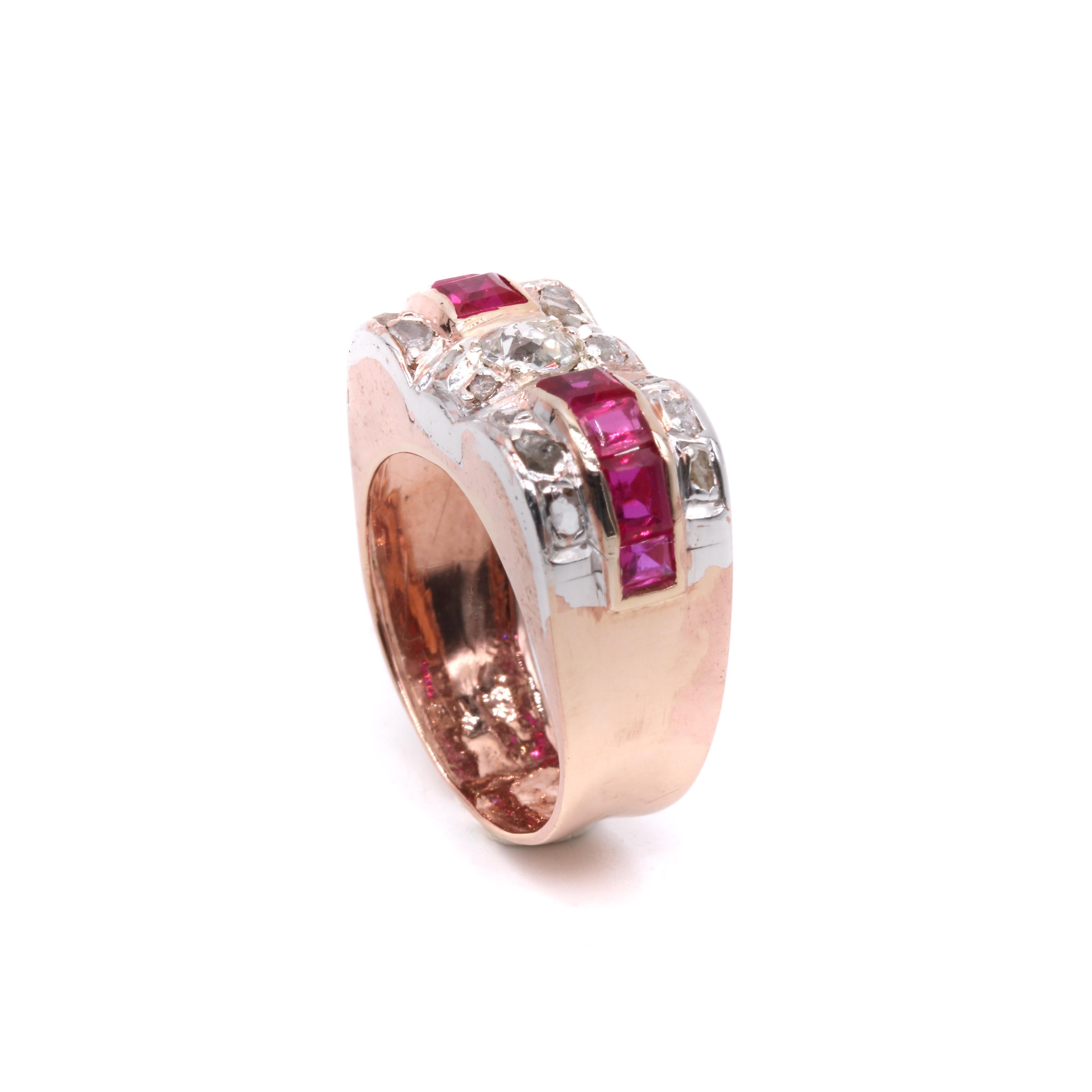 Art Deco 1940s Retro Platinum & 14K Rose Gold 1.2tgw Ruby and Diamond Tank Ring For Sale 3