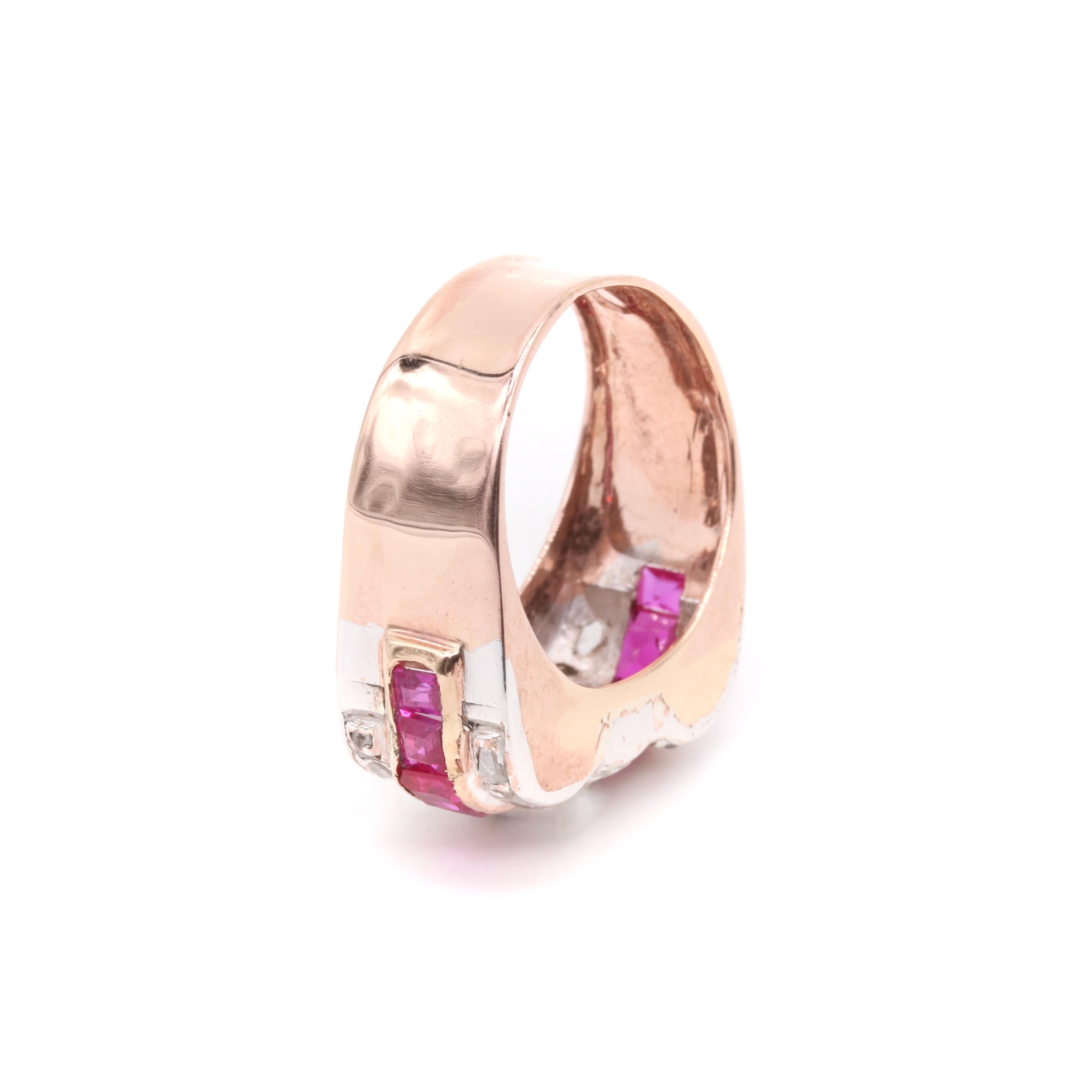 Art Deco 1940s Retro Platinum & 14K Rose Gold 1.2tgw Ruby and Diamond Tank Ring For Sale 4