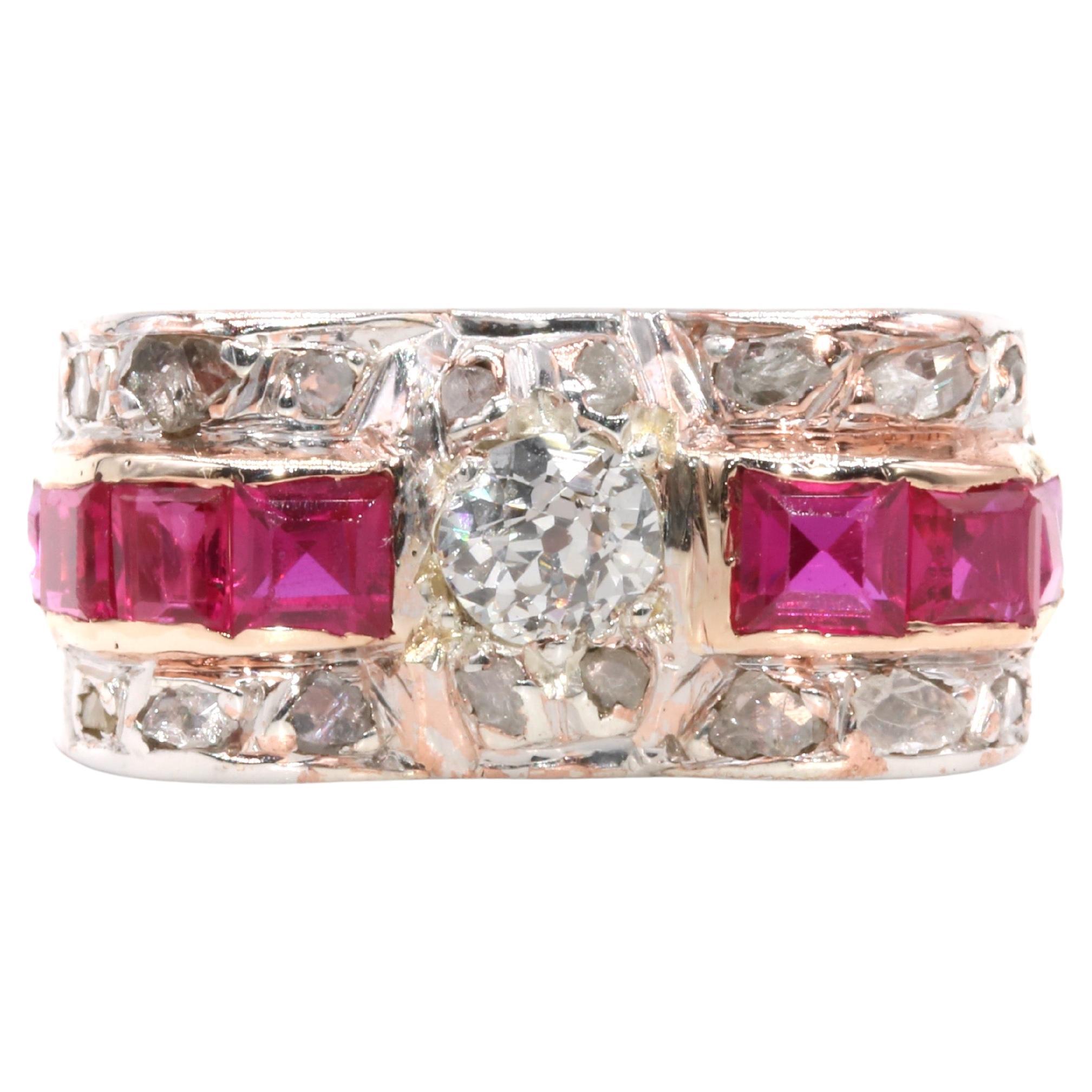 Art Deco 1940s Retro Platinum & 14K Rose Gold 1.2tgw Ruby and Diamond Tank Ring