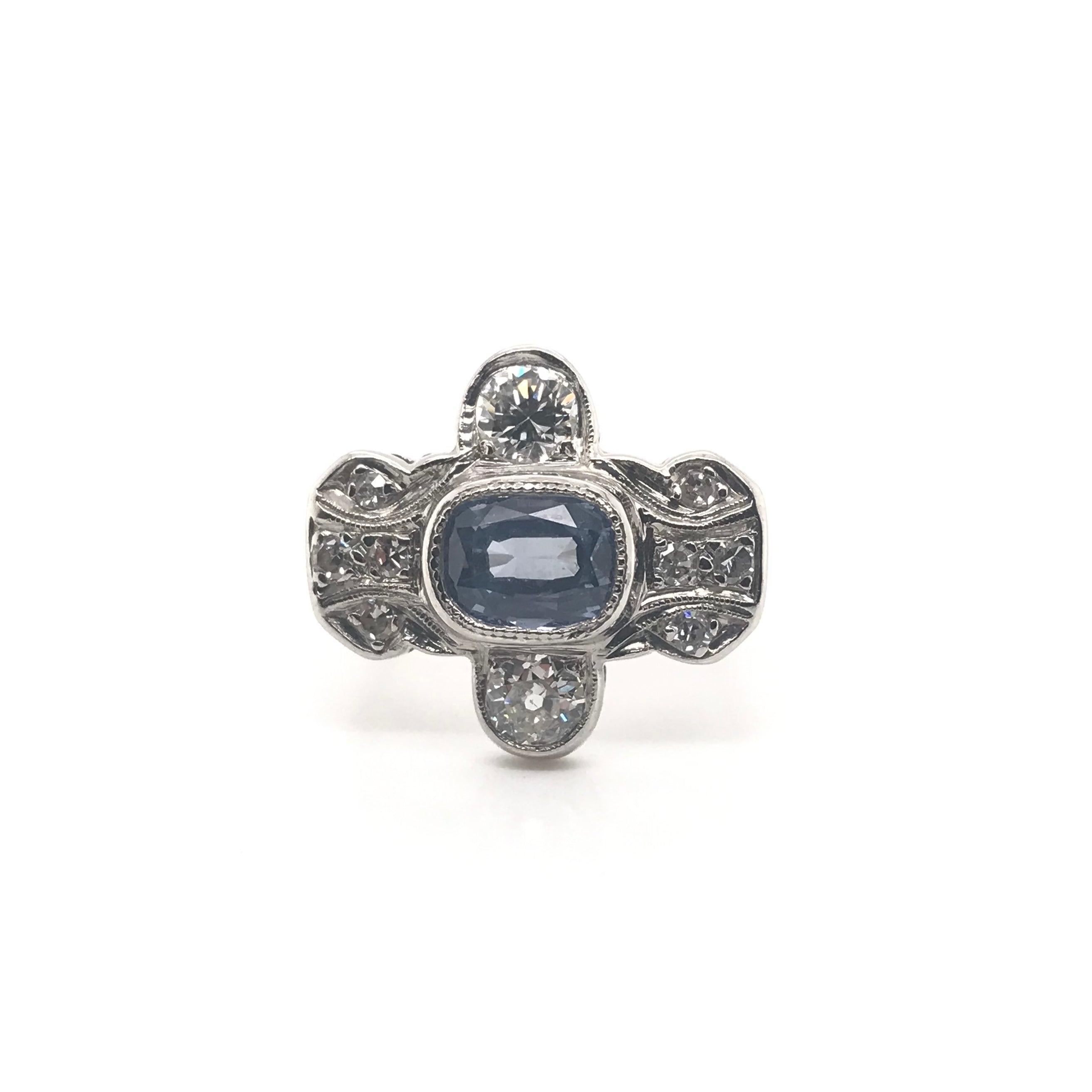 Art Deco 1.95 Carat Ceylon Sapphire and Diamond Platinum Ring For Sale 4