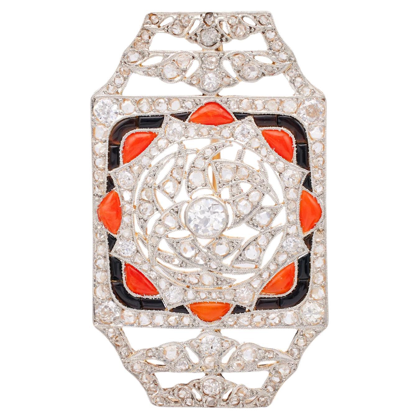 Art Deco 1,95 Karat Gesamtgewicht Diamant Koralle Onyx Platin 18k Gelbgold Brosche