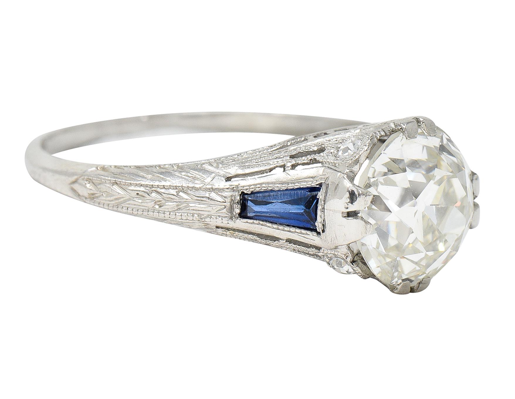 Old European Cut Art Deco 1.95 Carats Diamond Sapphire Platinum Engagement Ring GIA