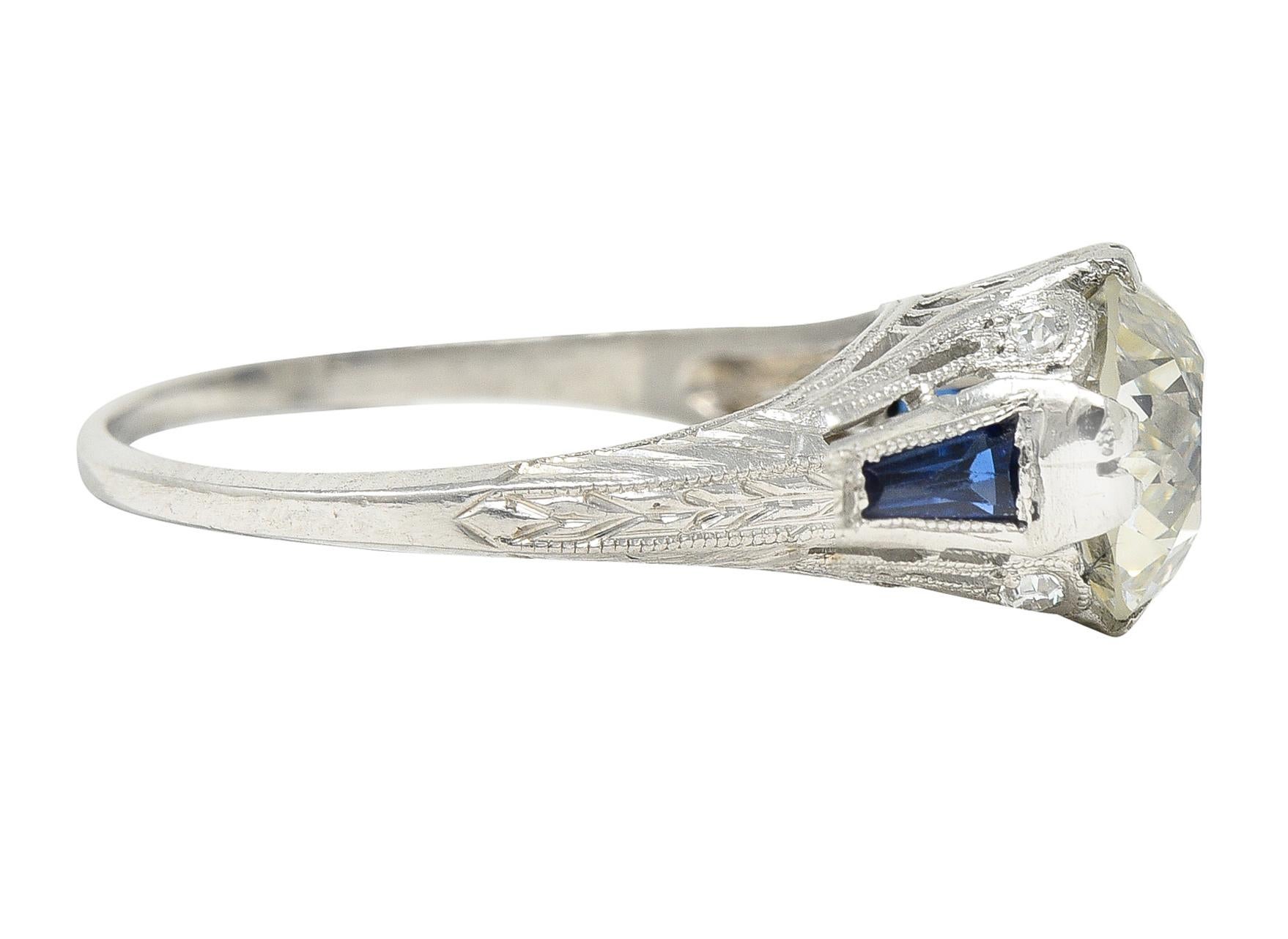 Art Deco 1.95 Carats Diamond Sapphire Platinum Engagement Ring GIA In Excellent Condition In Philadelphia, PA