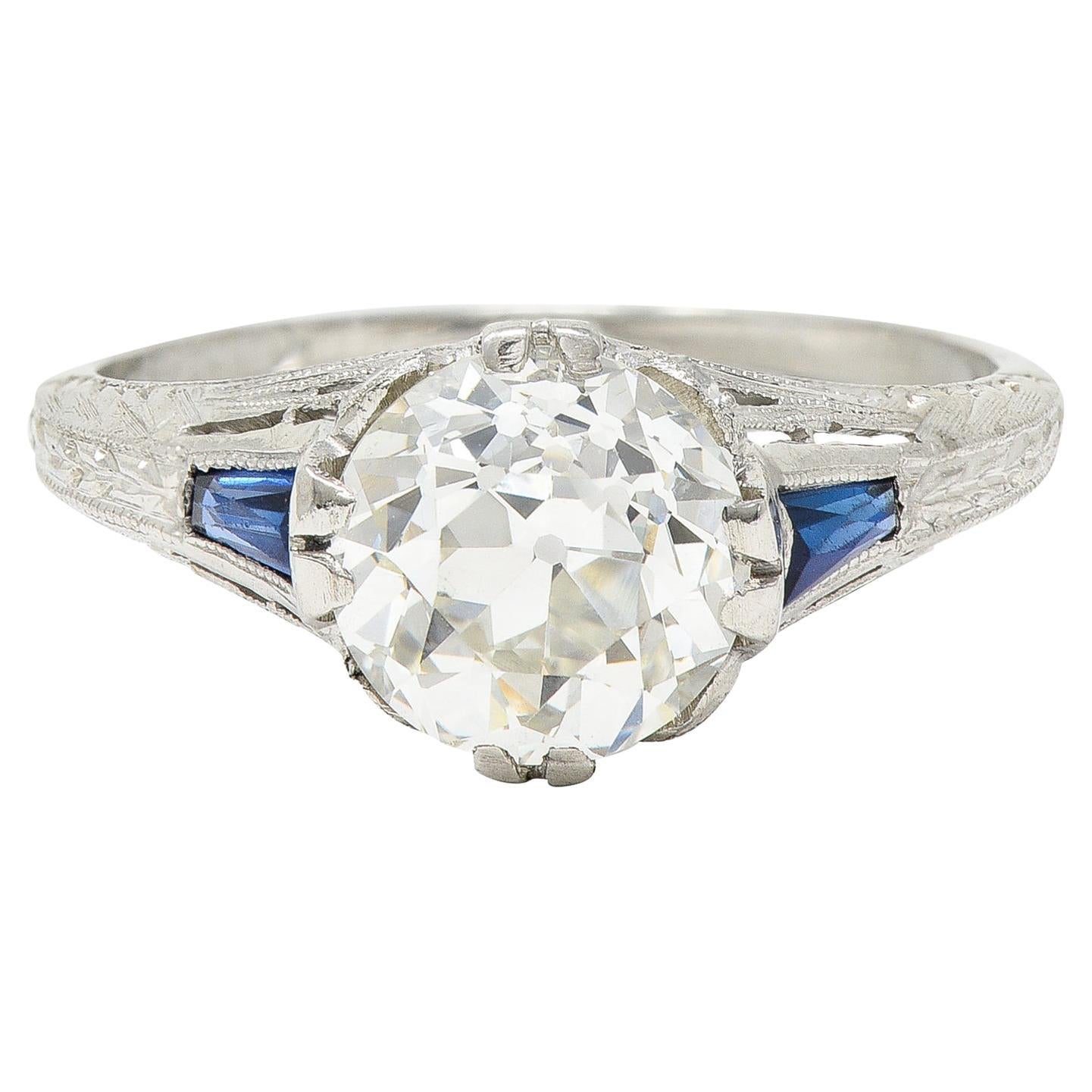 Art Deco 1,95 Karat Diamant Saphir Platin Verlobungsring GIA