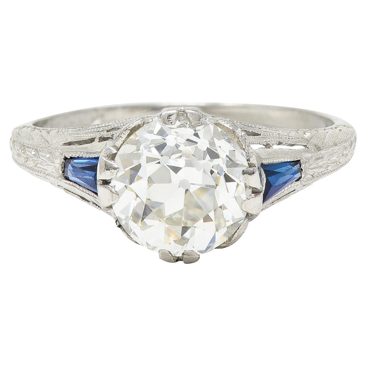 Art Deco 1.95 Carats Diamond Sapphire Platinum Engagement Ring GIA