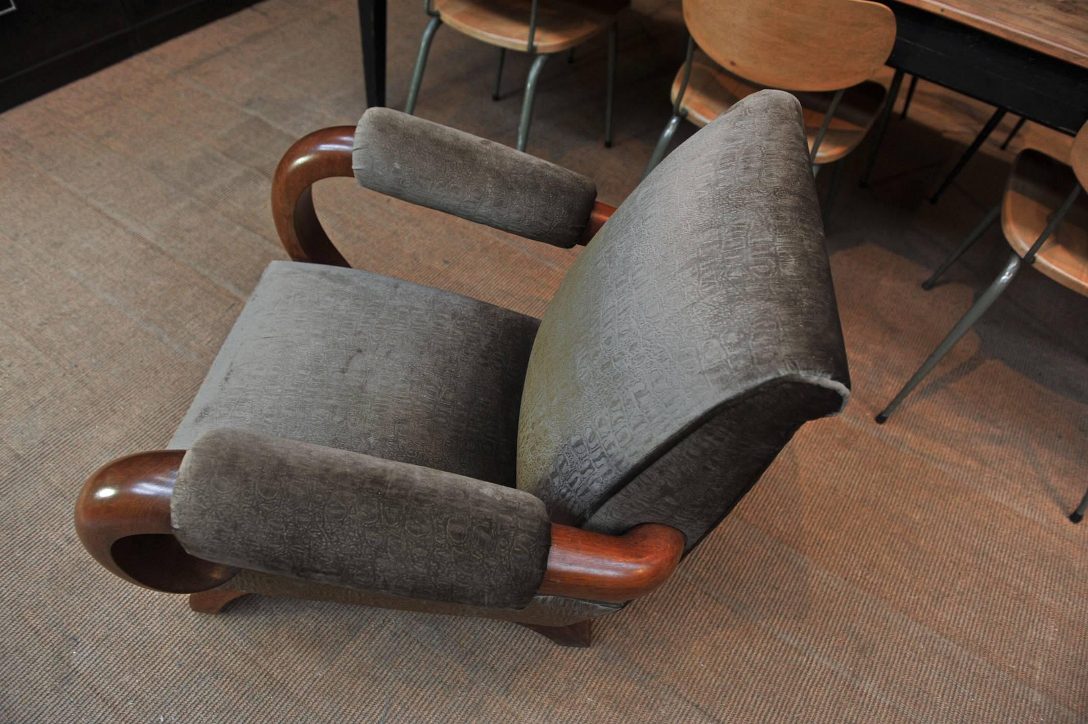 Art Deco 1950 Mahogany and Fabric Chairs Armchair 5