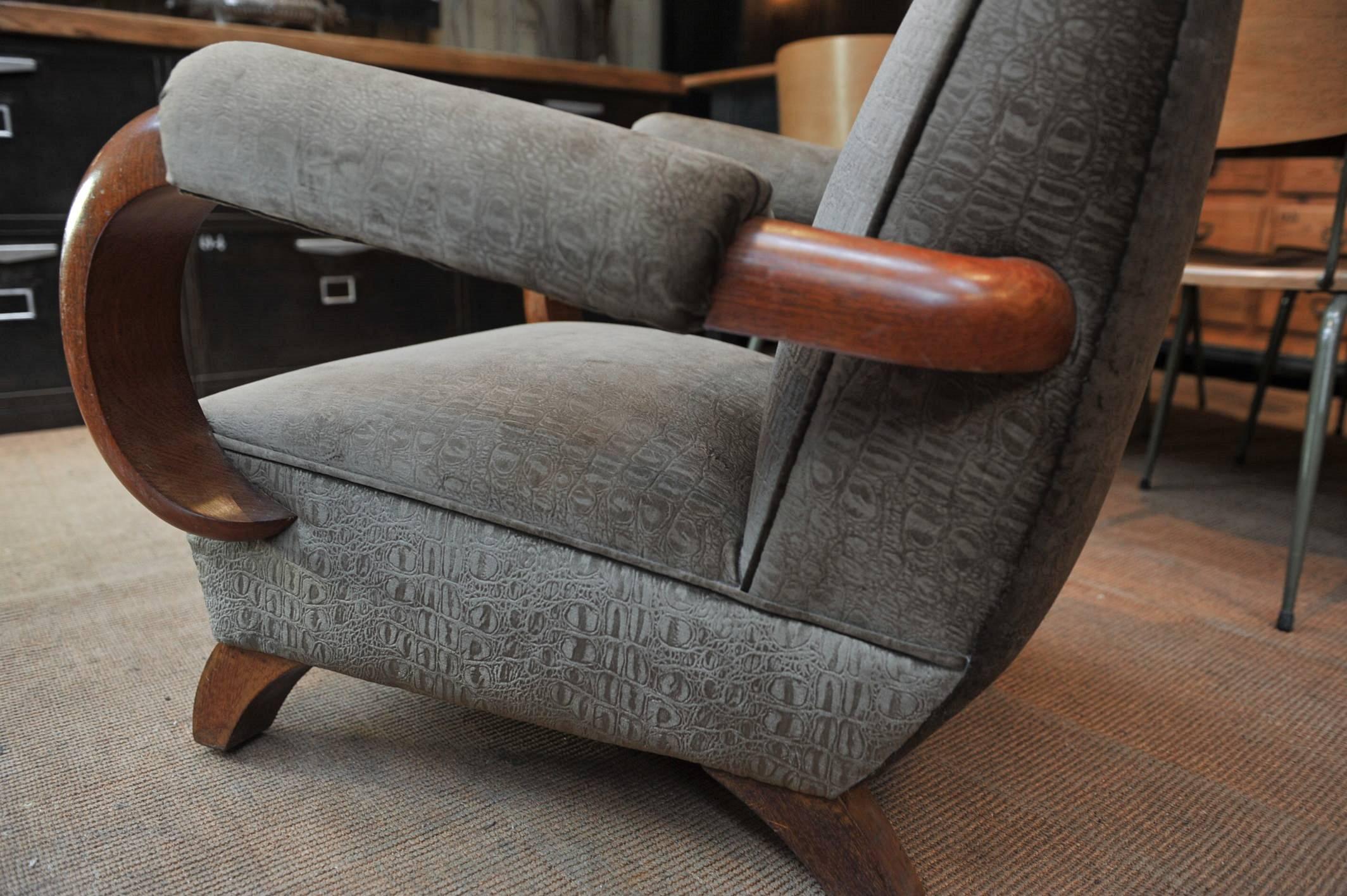 Art Deco 1950 Mahogany and Fabric Chairs Armchair 6