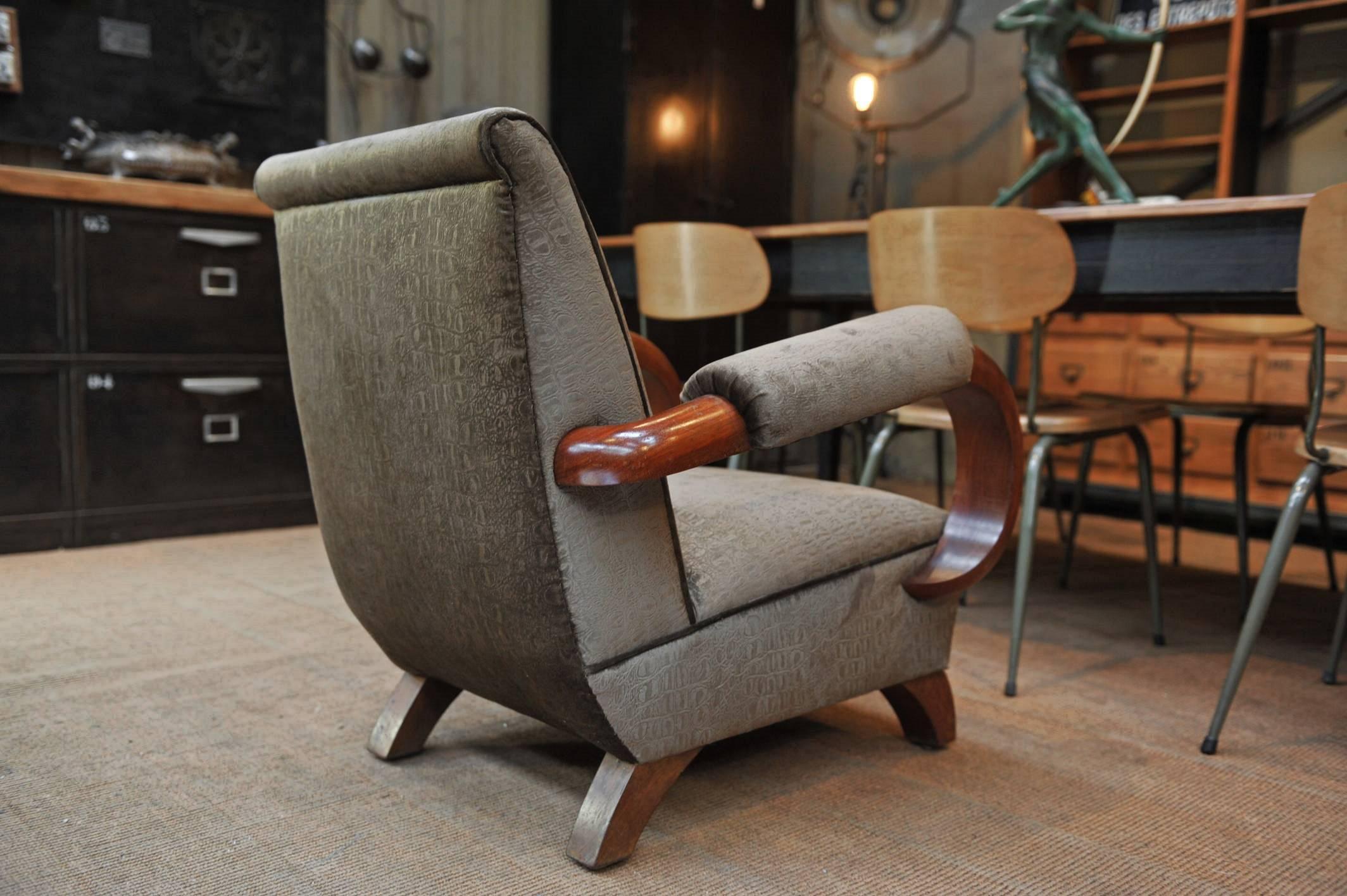 Mid-20th Century Art Deco 1950 Mahogany and Fabric Chairs Armchair