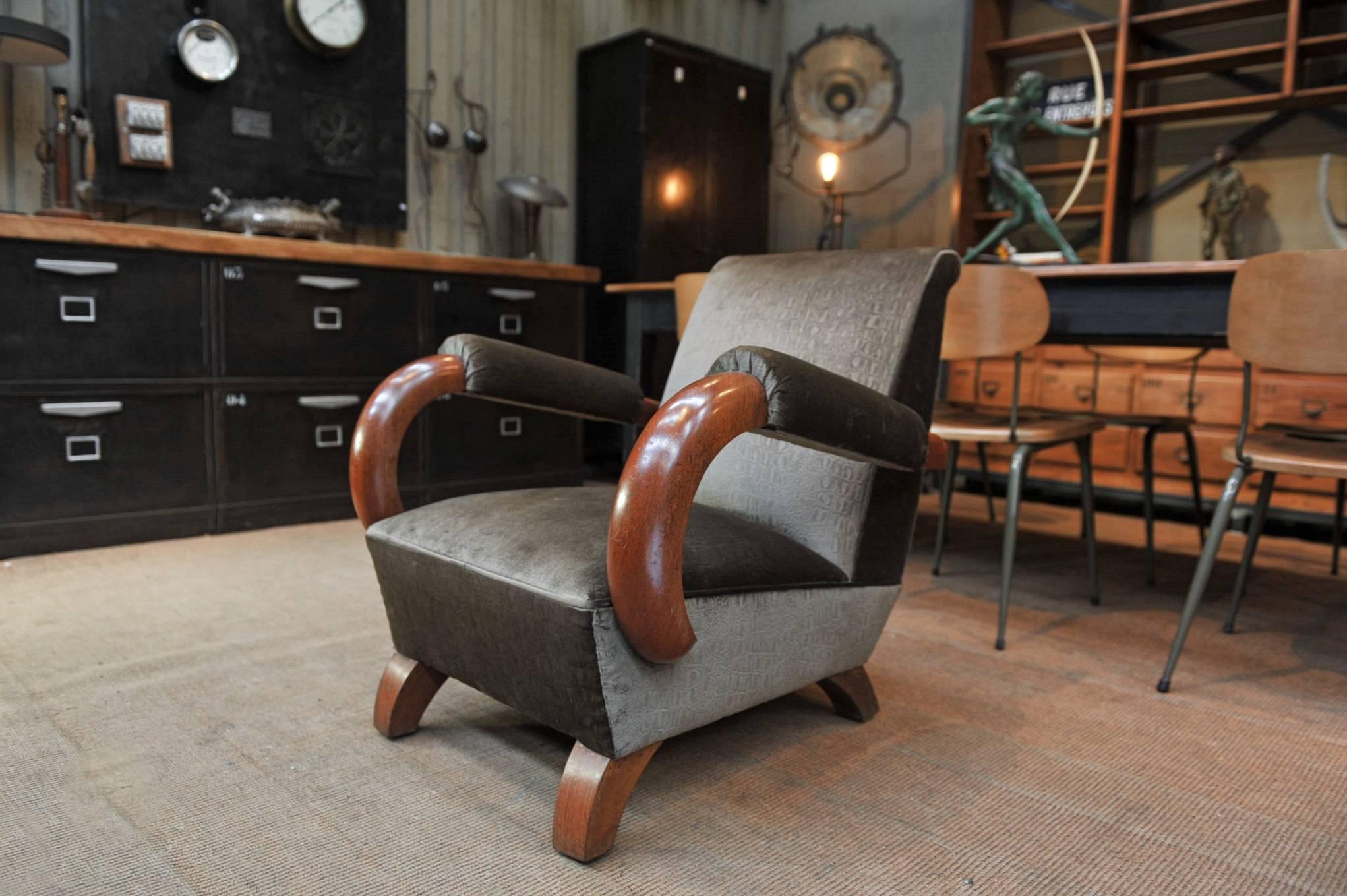 Art Deco 1950 Mahogany and Fabric Chairs Armchair 2