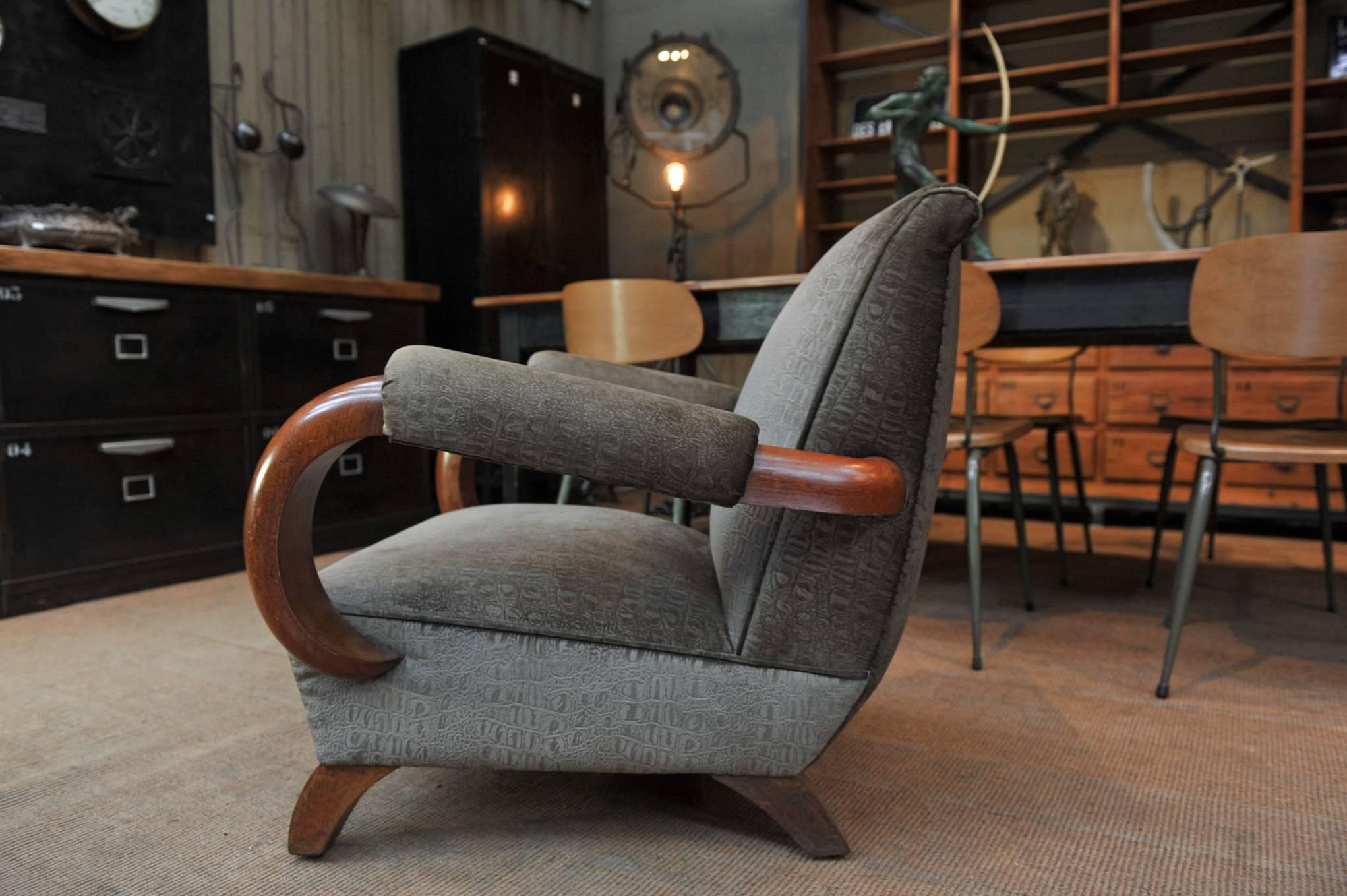 Art Deco 1950 Mahogany and Fabric Chairs Armchair 4