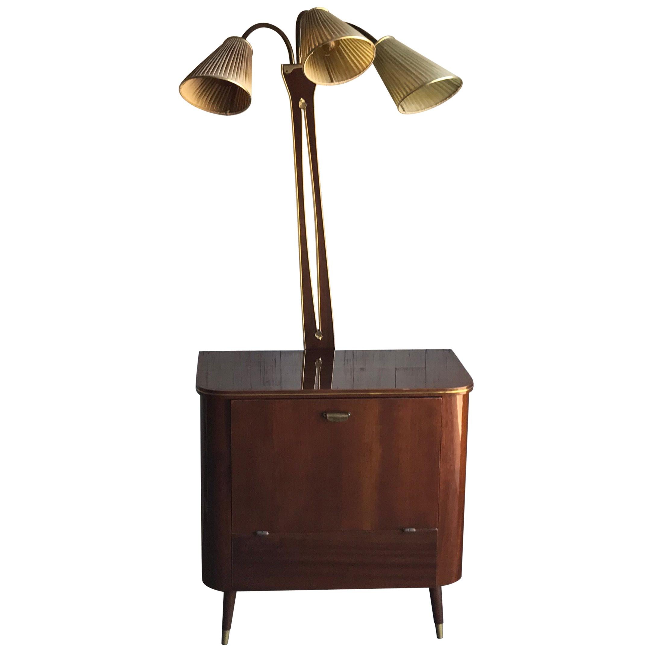 Art Deco 1950s Walnut Drinks Bar Cocktail Liquor Cabinet with Lamp Stand For Sale