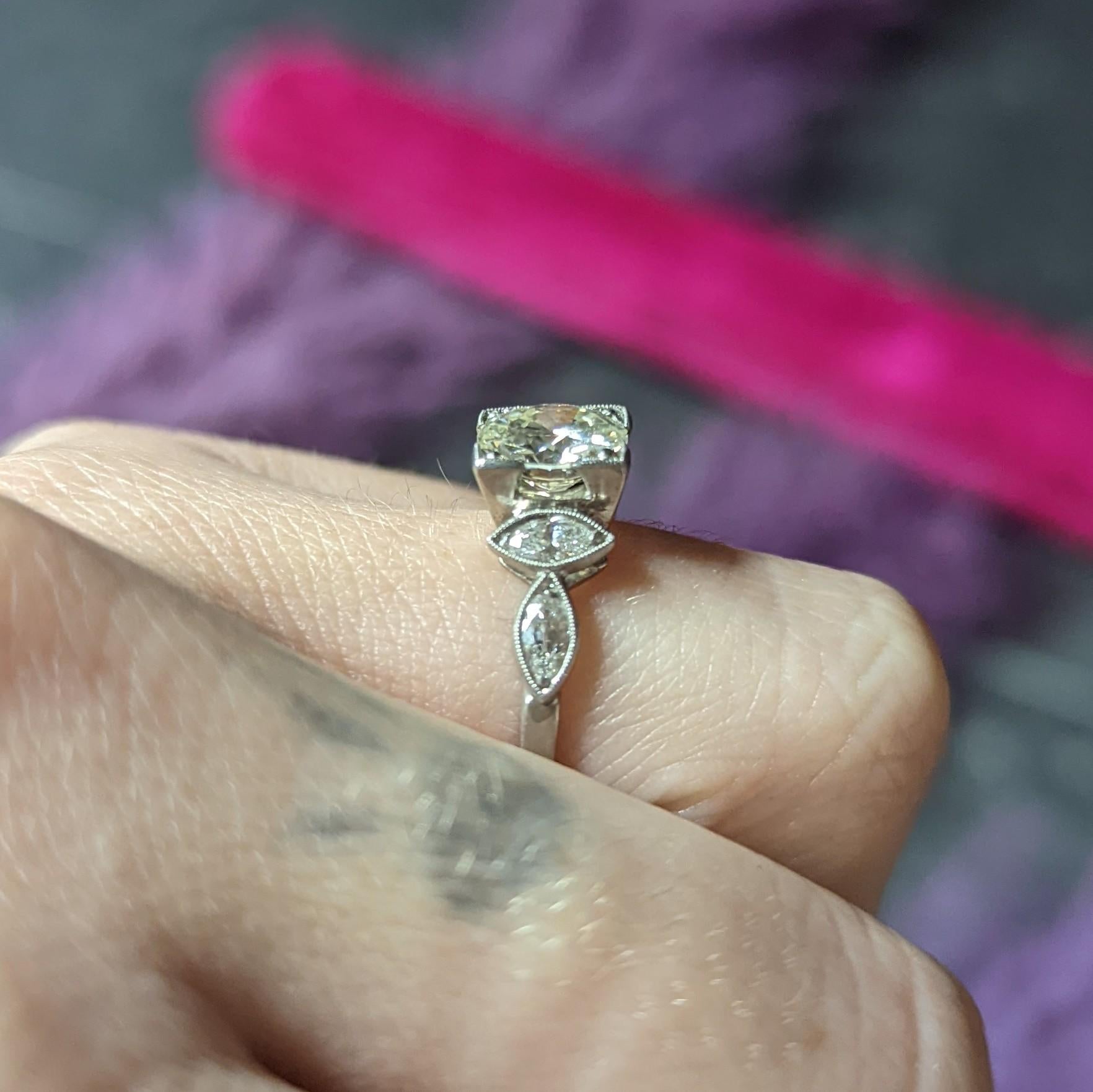 Art Deco 1.96 Carats Old European Diamond Platinum Marquise Engagement Ring 7