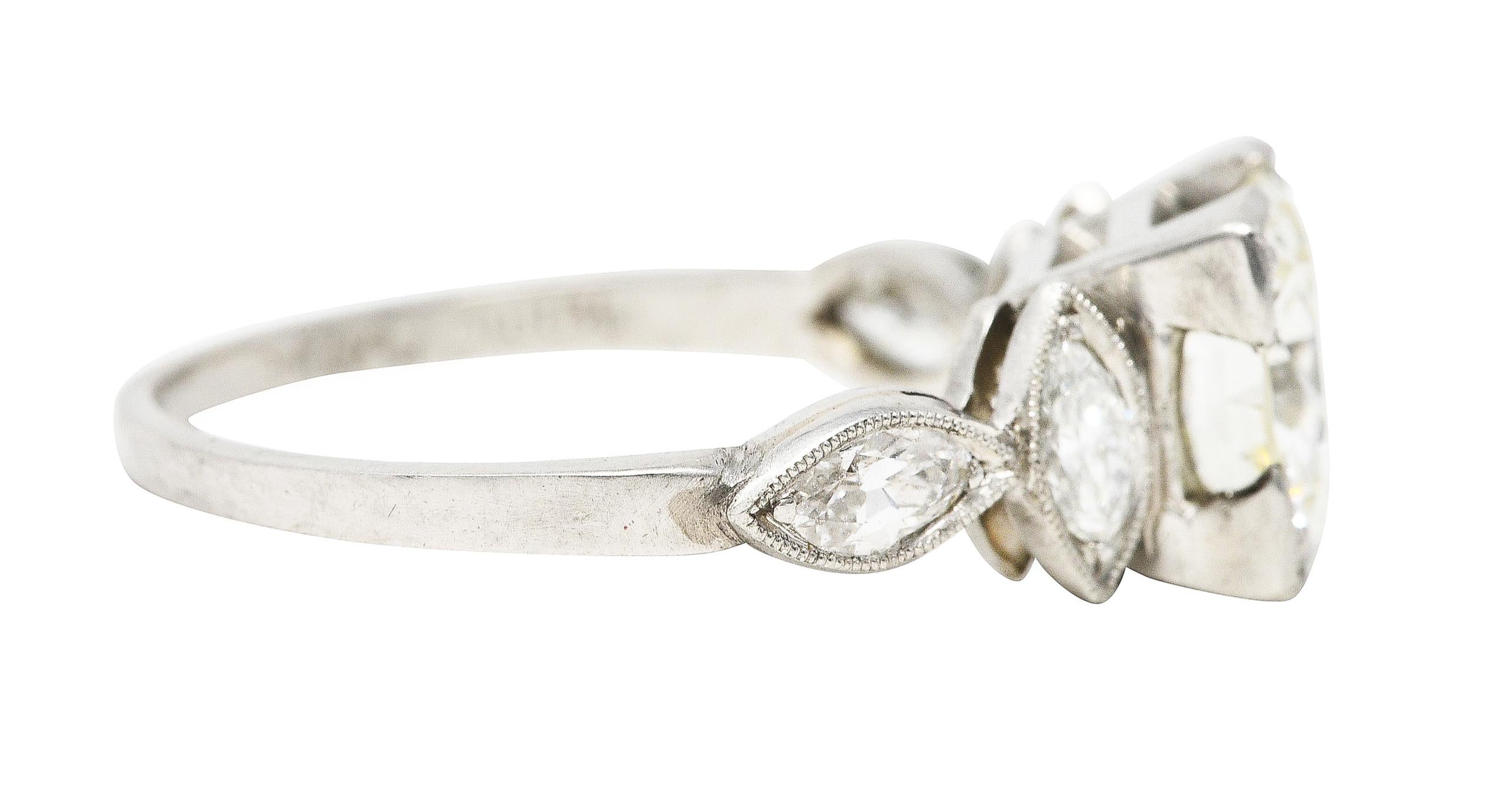 Old European Cut Art Deco 1.96 Carats Old European Diamond Platinum Marquise Engagement Ring