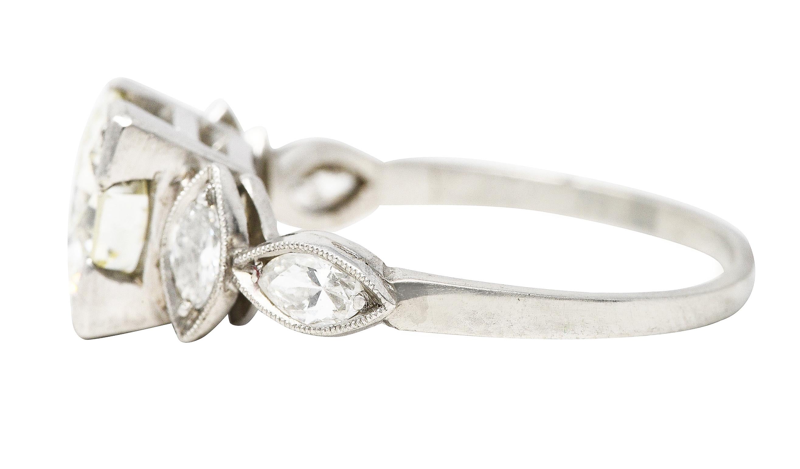 Women's or Men's Art Deco 1.96 Carats Old European Diamond Platinum Marquise Engagement Ring
