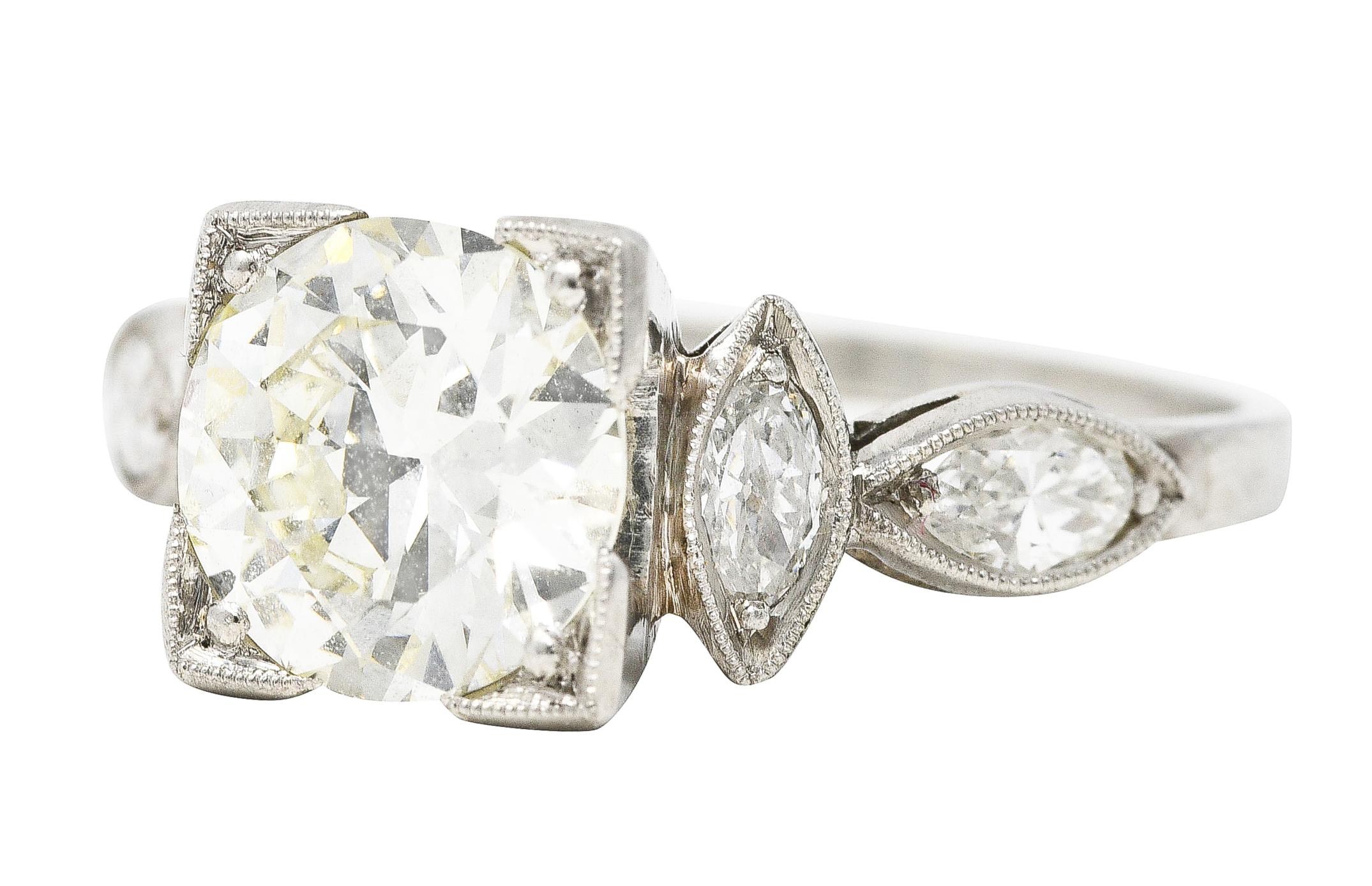 Art Deco 1.96 Carats Old European Diamond Platinum Marquise Engagement Ring 1
