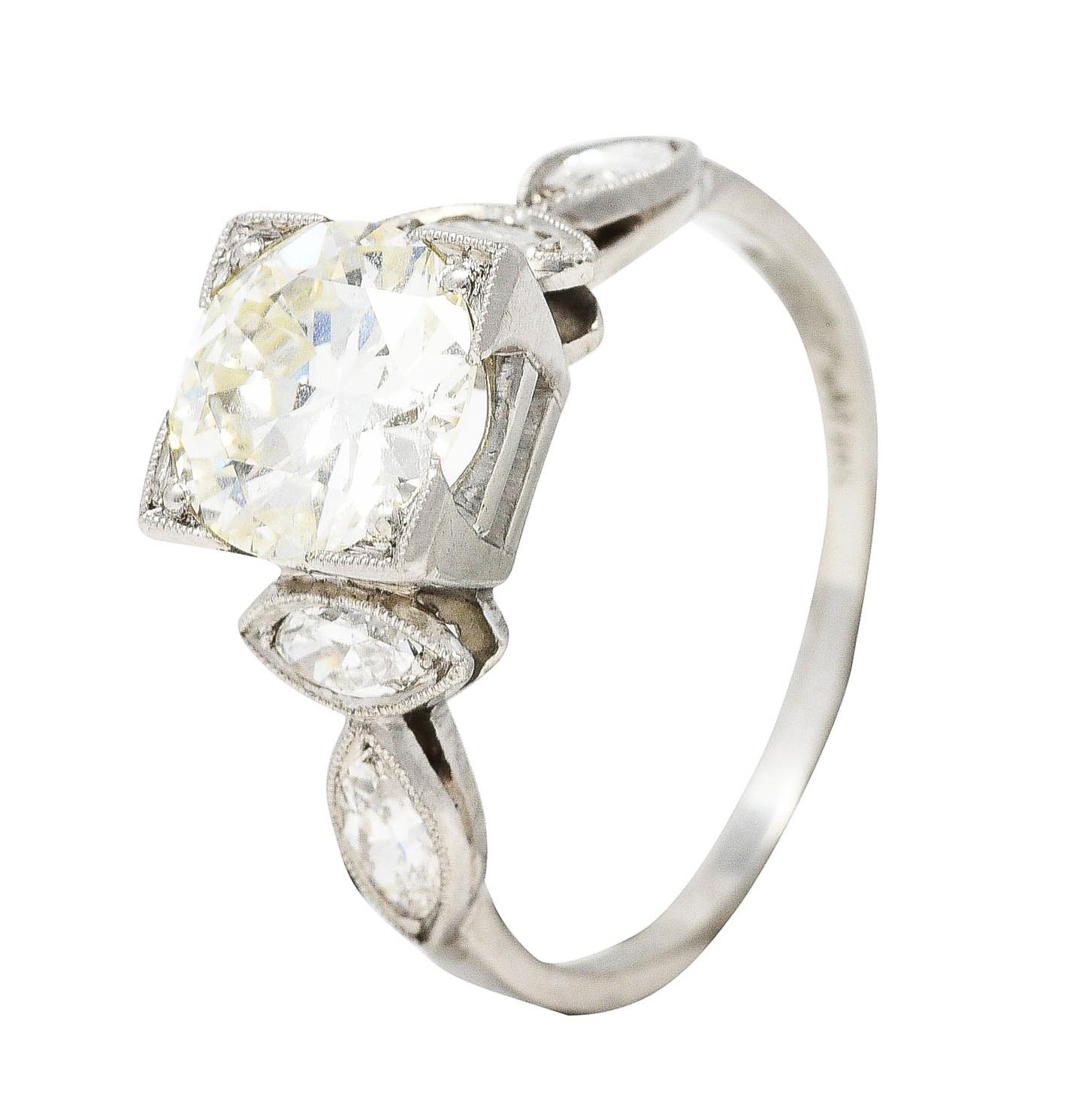 Art Deco 1.96 Carats Old European Diamond Platinum Marquise Engagement Ring 4