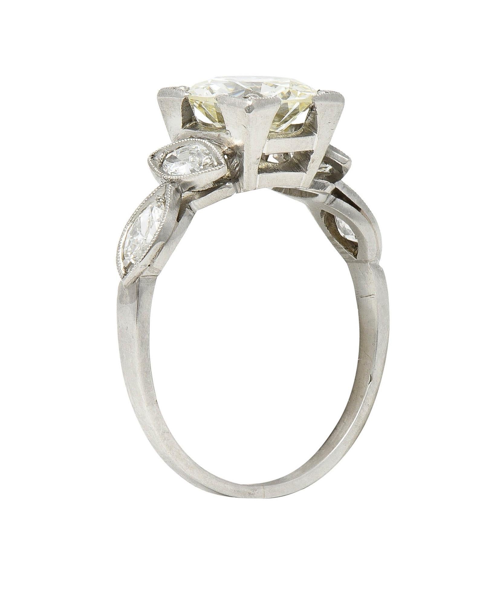 Art Deco 1.96 CTW Old European Diamond Platinum Marquise Engagement Ring For Sale 5
