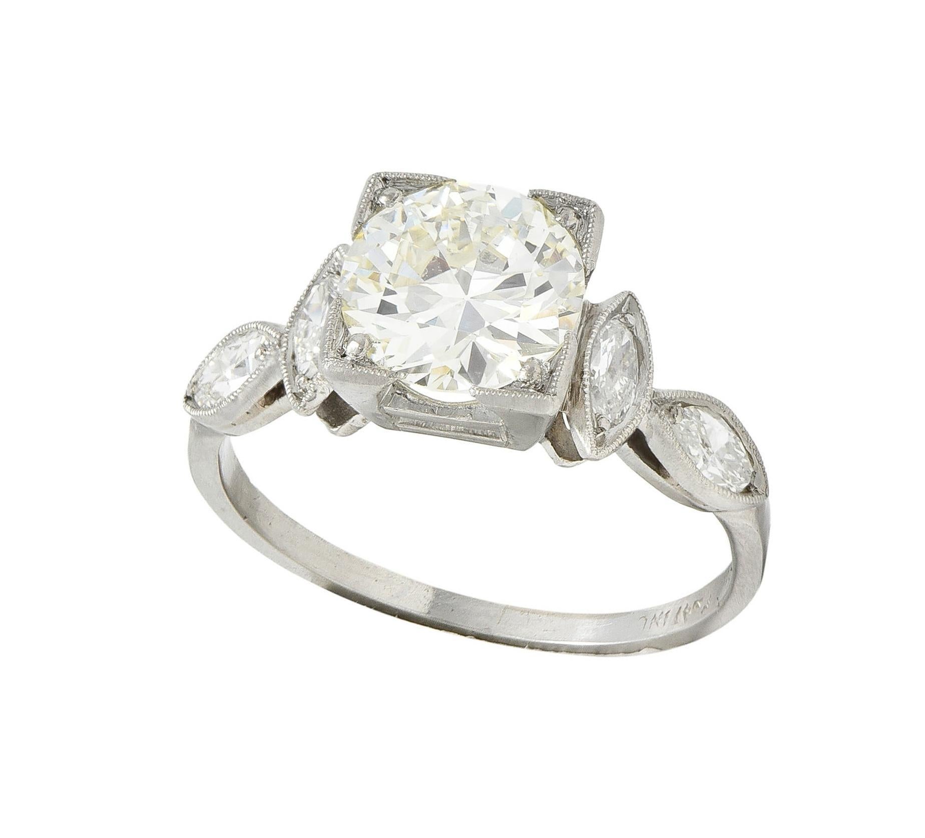 Art Deco 1.96 CTW Old European Diamond Platinum Marquise Engagement Ring For Sale 6