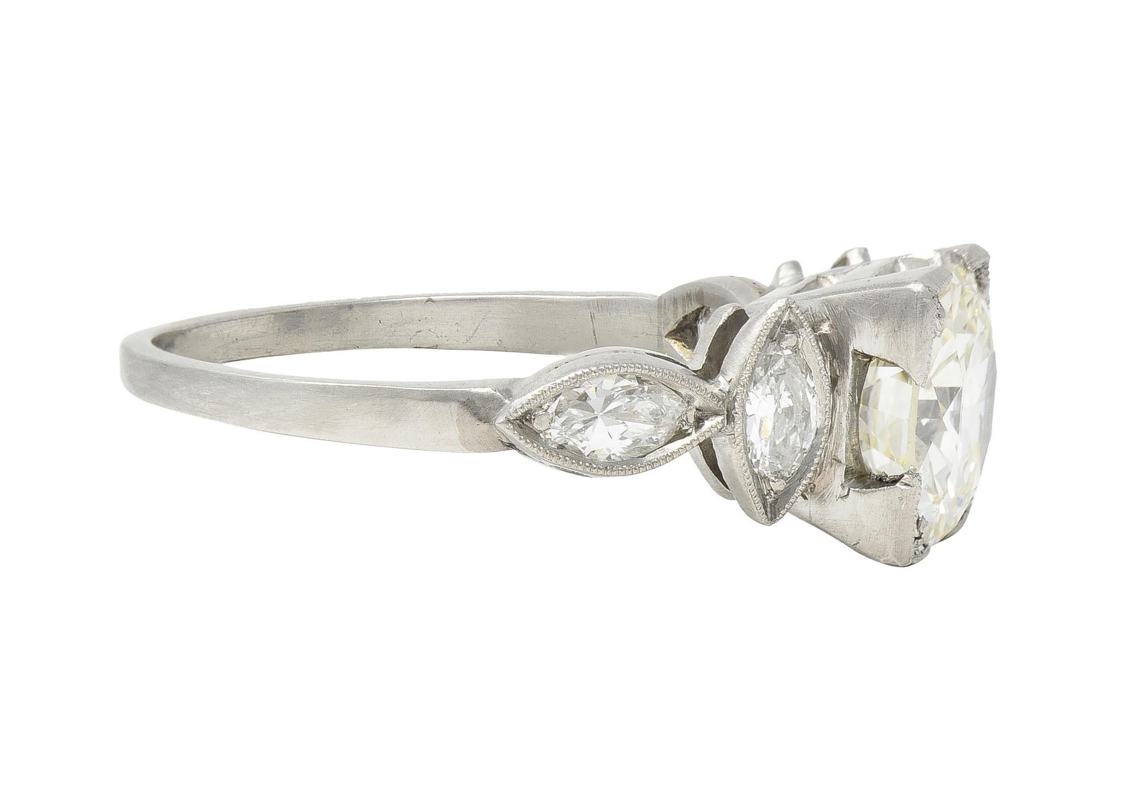 Old European Cut Art Deco 1.96 CTW Old European Diamond Platinum Marquise Engagement Ring For Sale