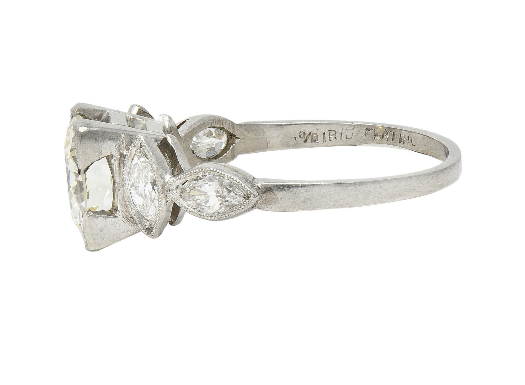 Women's or Men's Art Deco 1.96 CTW Old European Diamond Platinum Marquise Engagement Ring For Sale