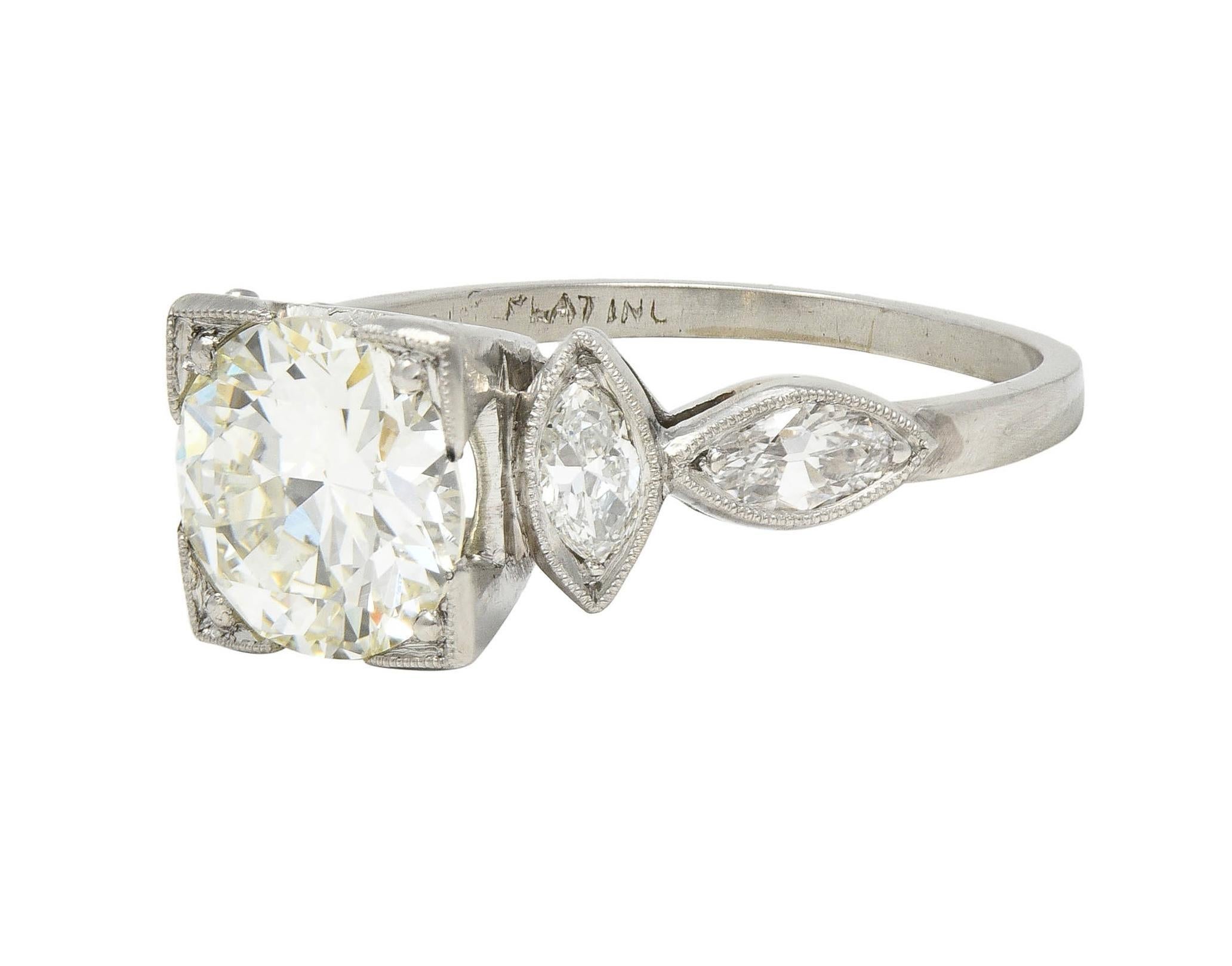 Art Deco 1.96 CTW Old European Diamond Platinum Marquise Engagement Ring For Sale 1