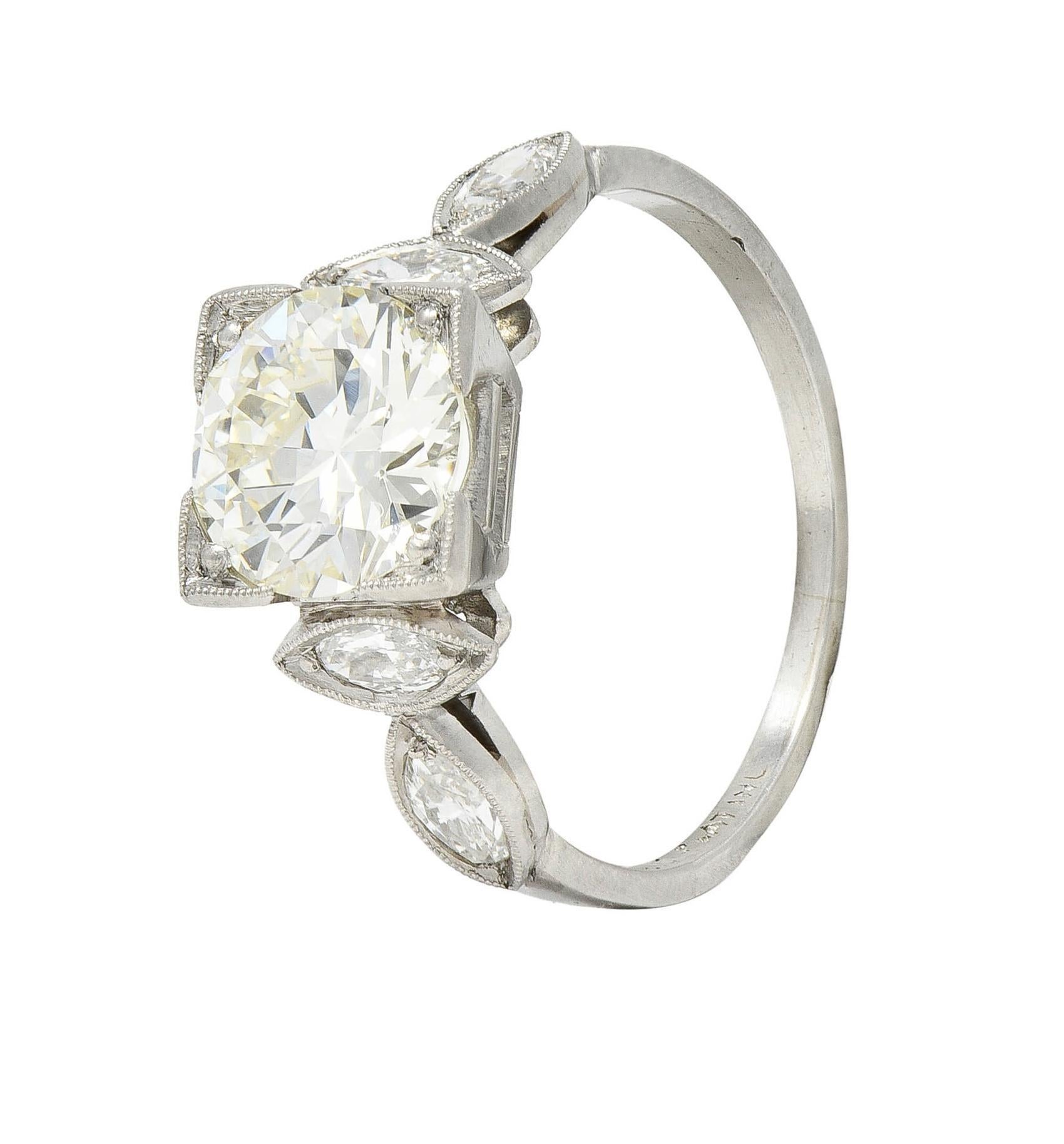 Art Deco 1.96 CTW Old European Diamond Platinum Marquise Engagement Ring For Sale 3
