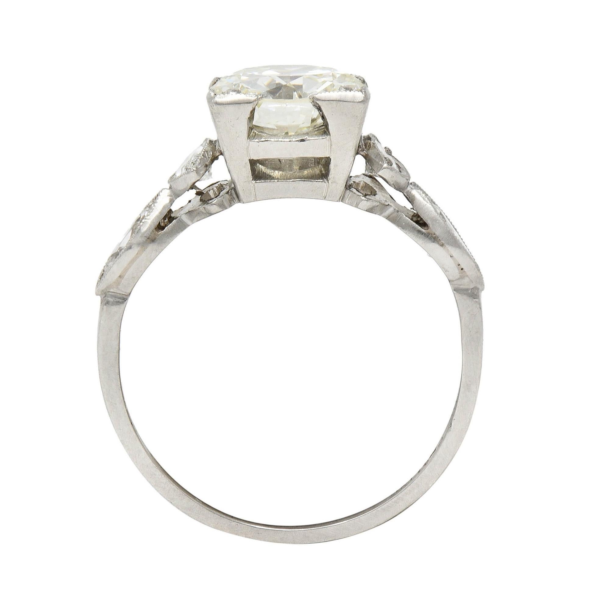 Art Deco 1.96 CTW Old European Diamond Platinum Marquise Engagement Ring For Sale 4