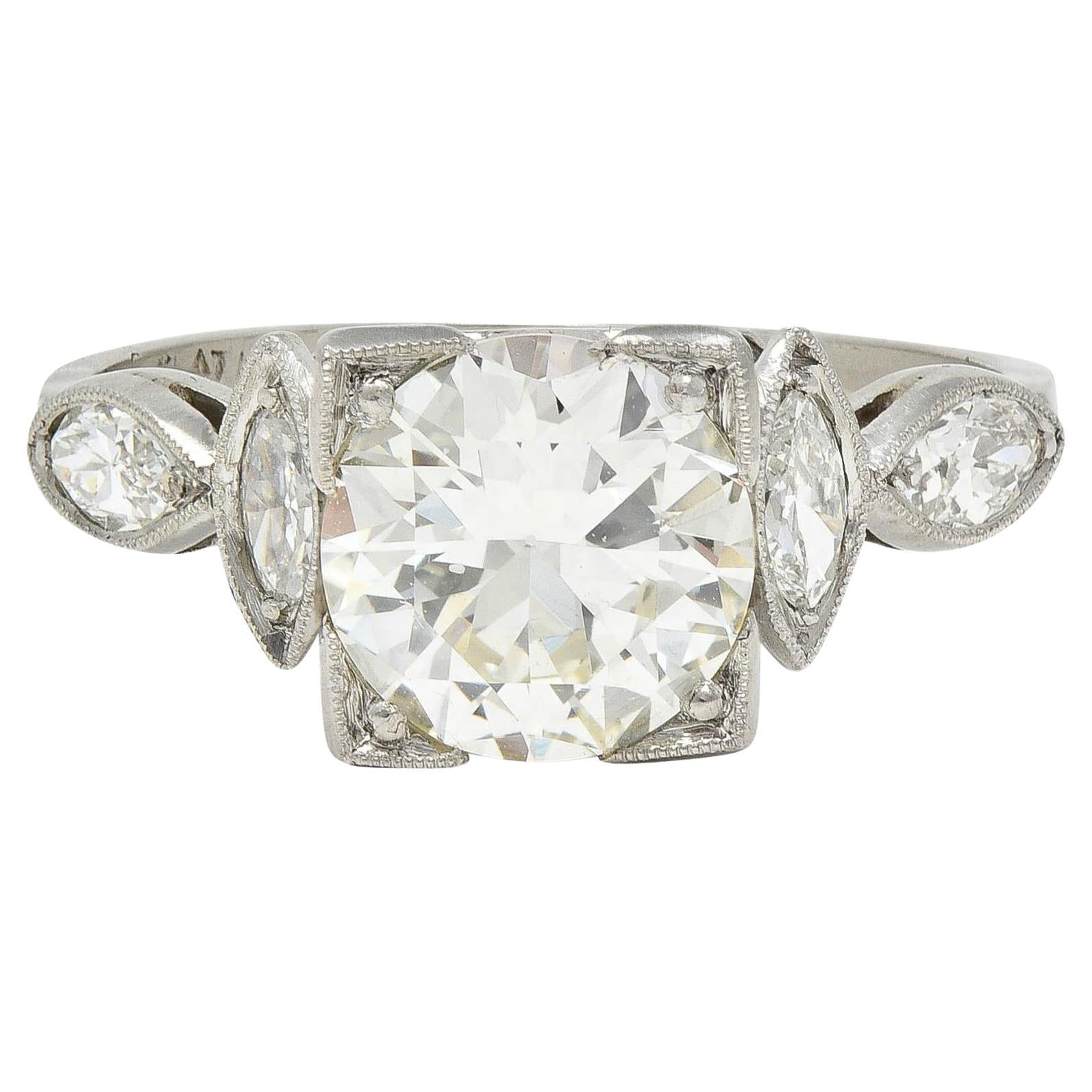 Art Deco 1.96 CTW Old European Diamond Platinum Marquise Engagement Ring For Sale