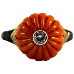 Art Deco Style 1.97 Carat Black Diamond Mediterranean Coral Yellow Gold Ring